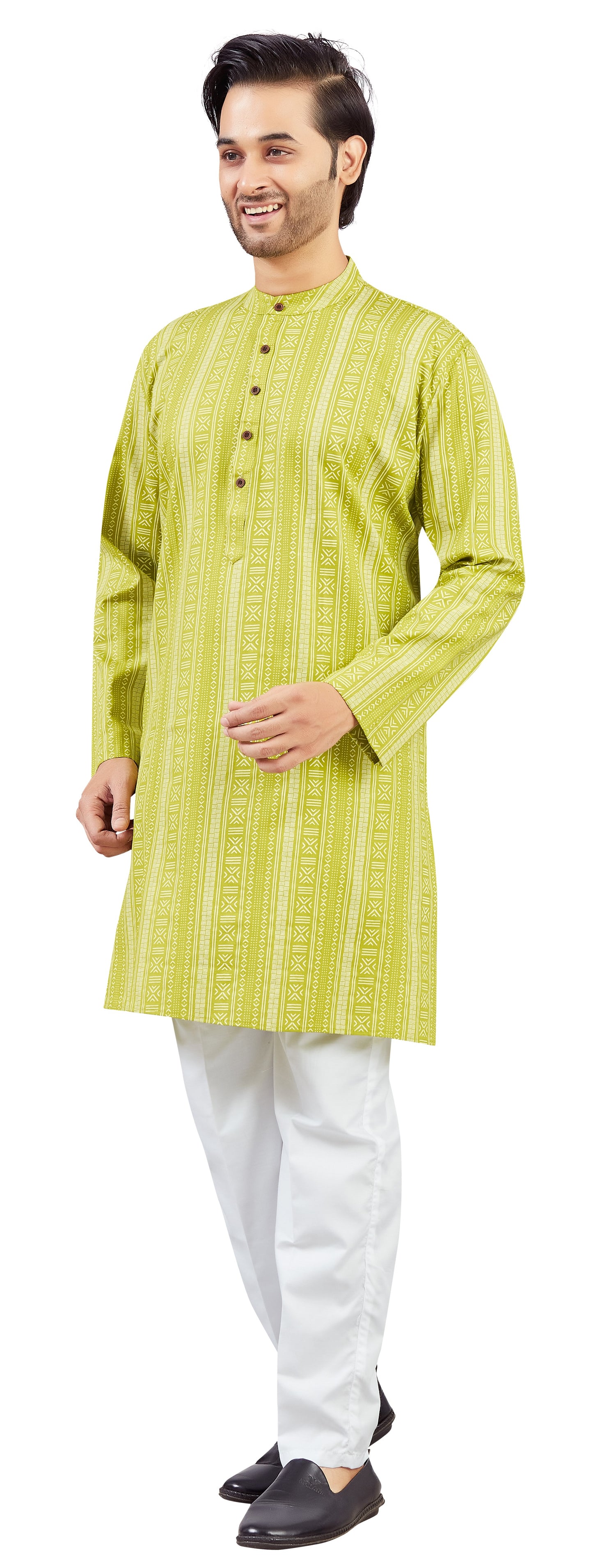 Men's Lime Green Cotton Printed Knee Length Relax Fit Kurta (Design 203)