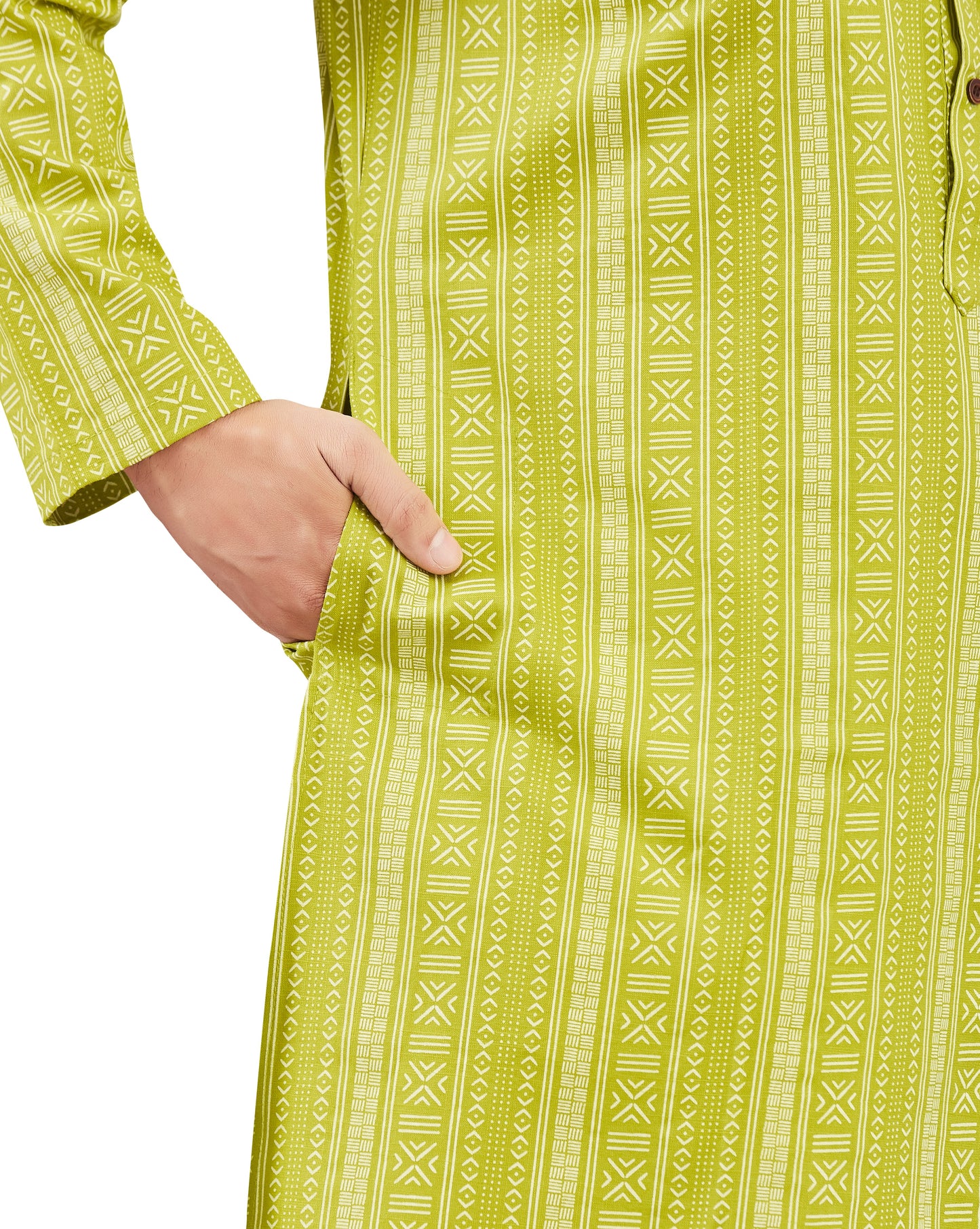 Men's Lime Green Cotton Printed Knee Length Relax Fit Kurta (Design 203)