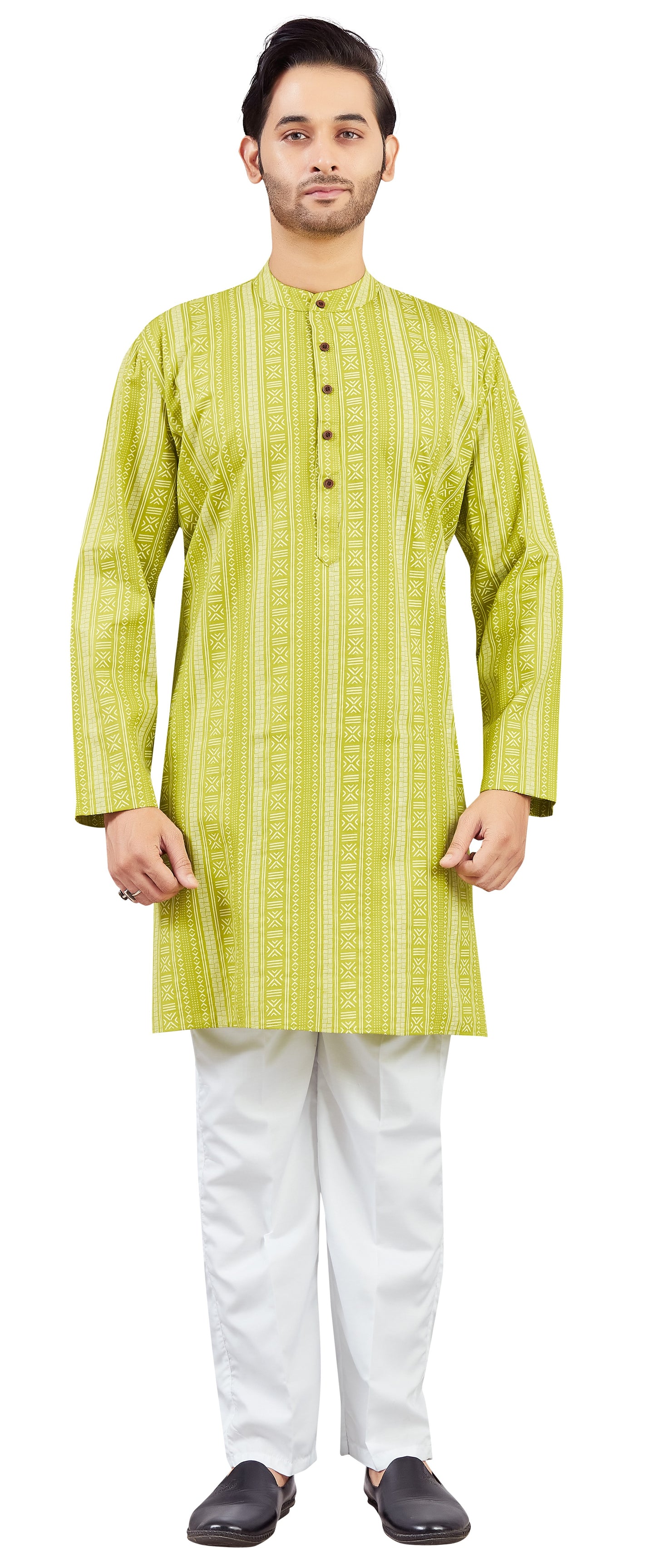 Men's Lime Green Cotton Printed Knee Length Relax Fit Kurta (Design 203)