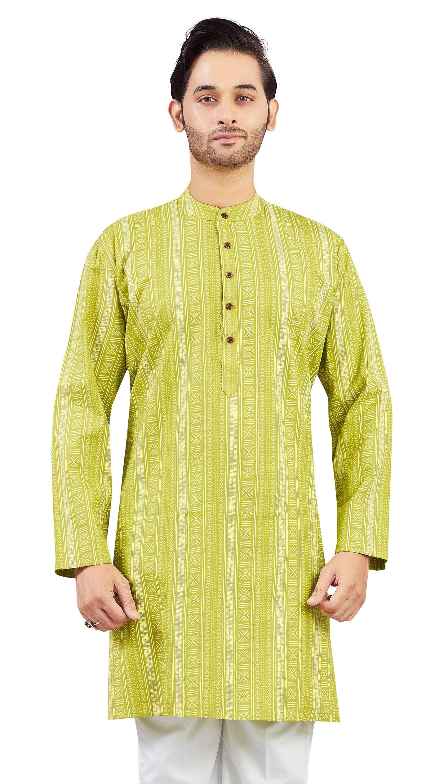 Men's Lime Green Cotton Printed Knee Length Relax Fit Kurta (Design 203)