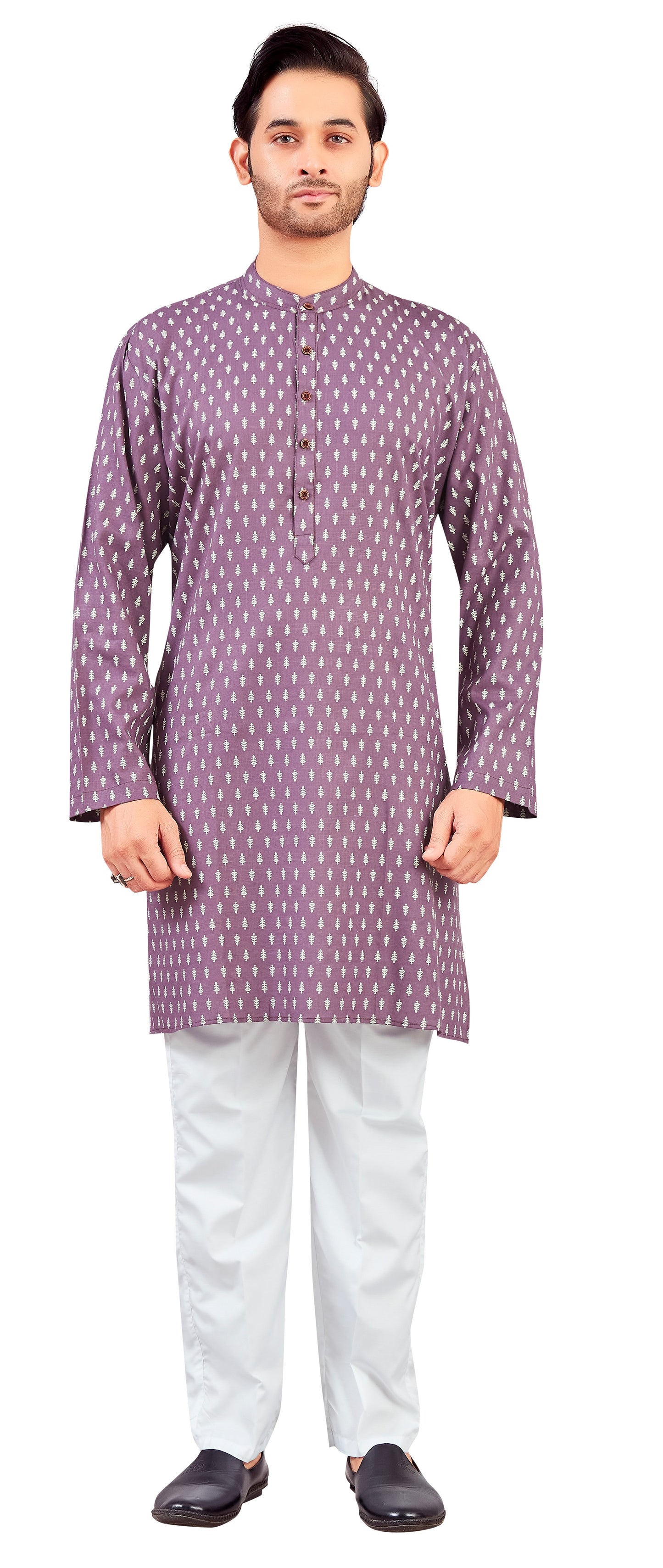 Men's Wine Cotton Relaxed Fit Printed Knee Length Kurta (Design 205)