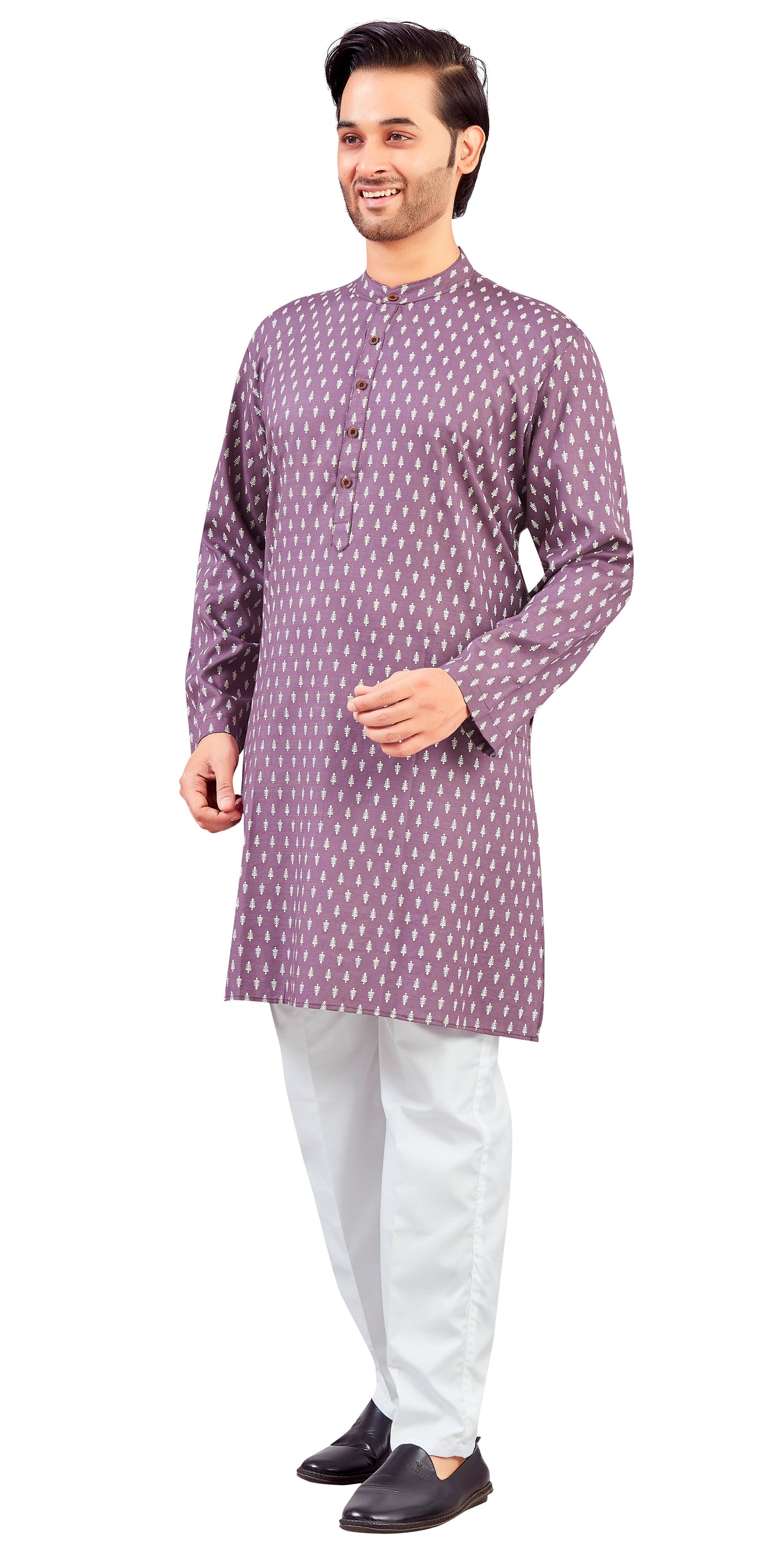 Men's Wine Cotton Relaxed Fit Printed Knee Length Kurta (Design 205)