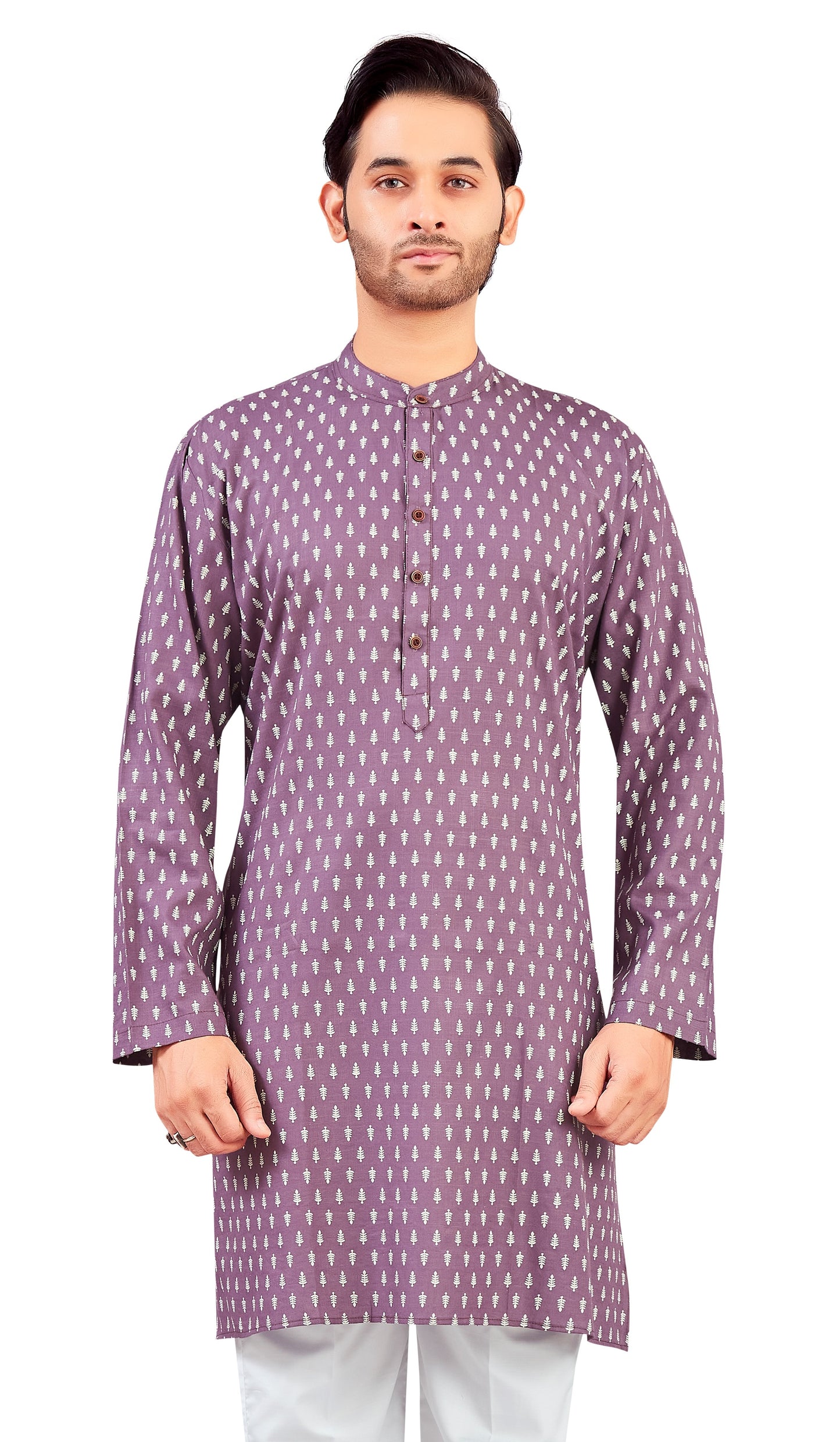 Men's Wine Cotton Relaxed Fit Printed Knee Length Kurta (Design 205)