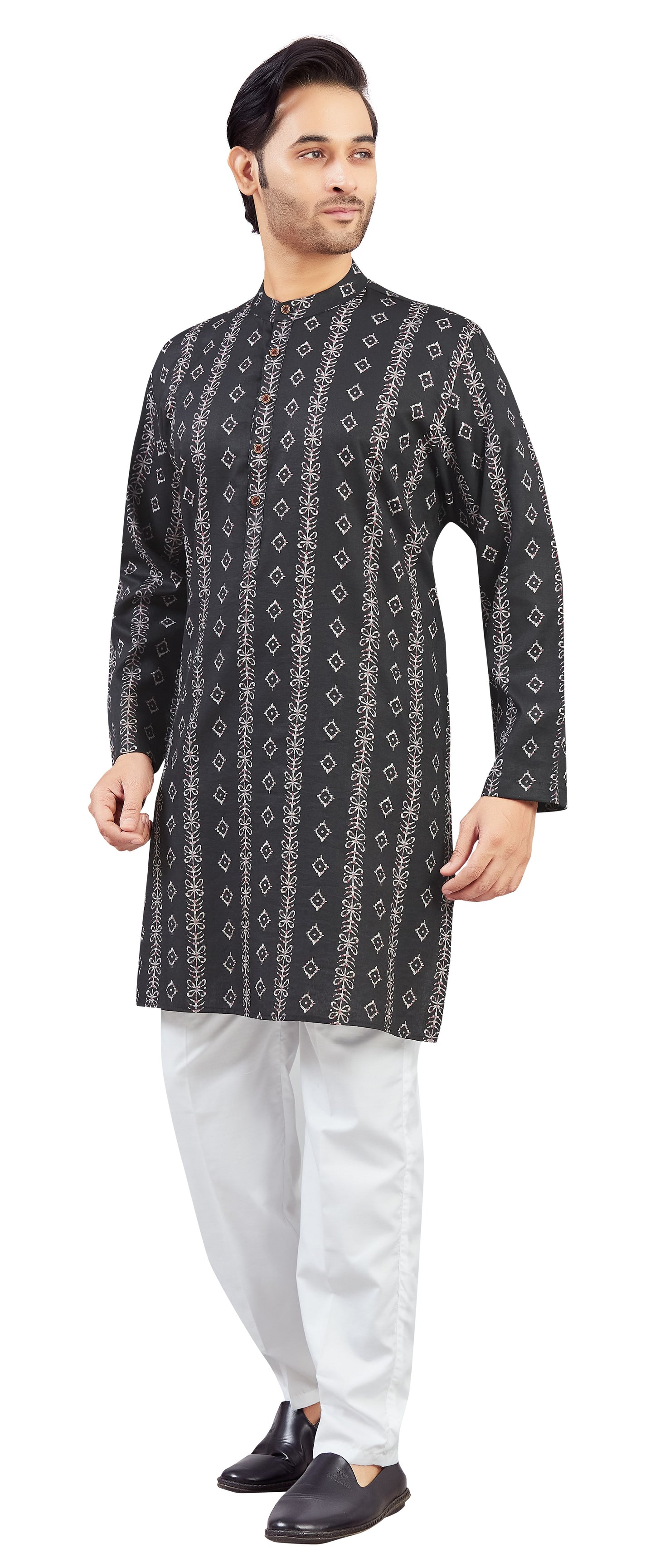 Men's Black Cotton Batik Printed Knee Length Relax Fit Kurta (Design 206)