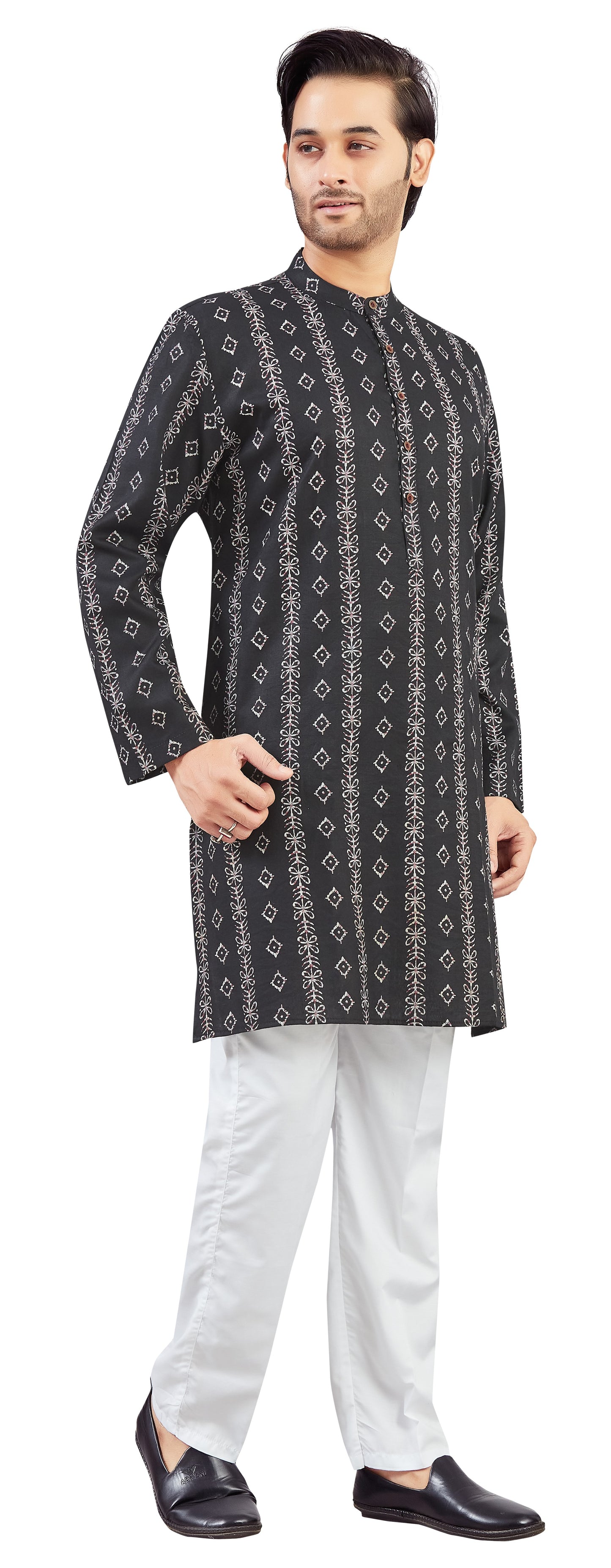 Men's Black Cotton Batik Printed Knee Length Relax Fit Kurta (Design 206)