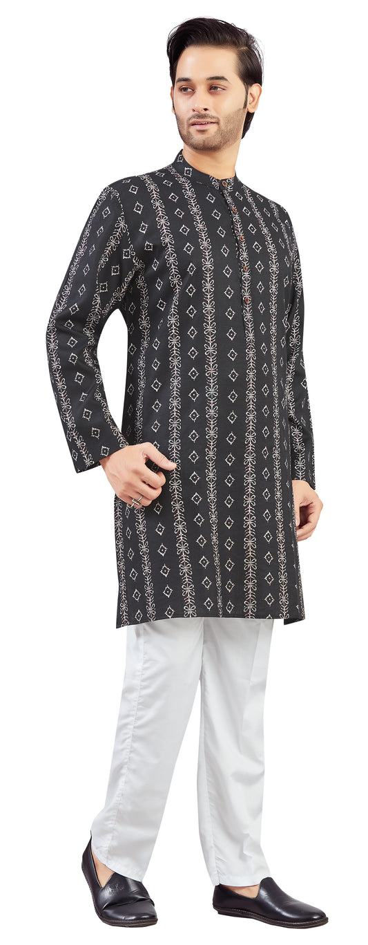 Men's Black Cotton Batik Printed Knee Length Relax Fit Kurta (Design 206)