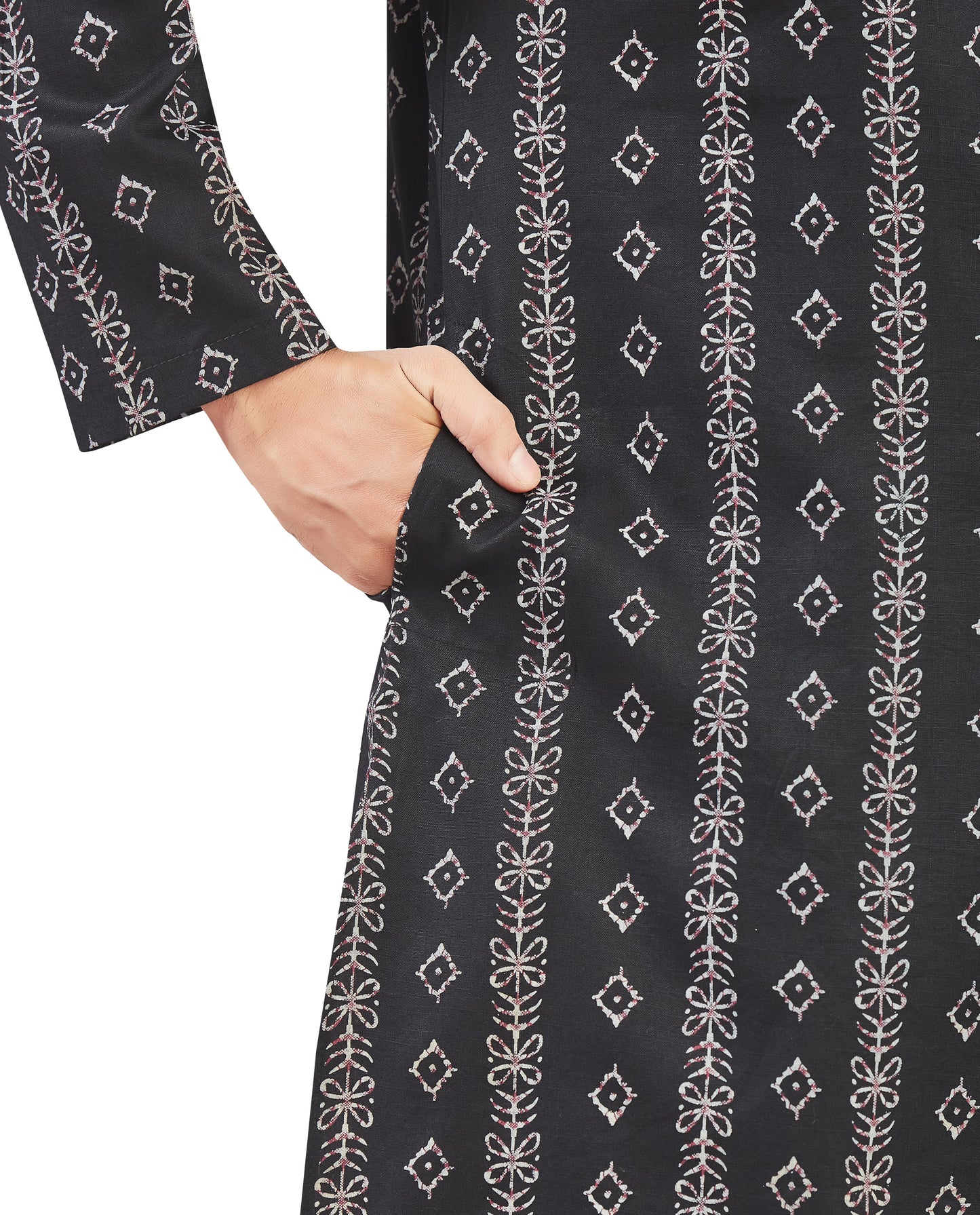 Men's Black Cotton Batik Printed Knee Length Relax Fit Kurta (Design 206)