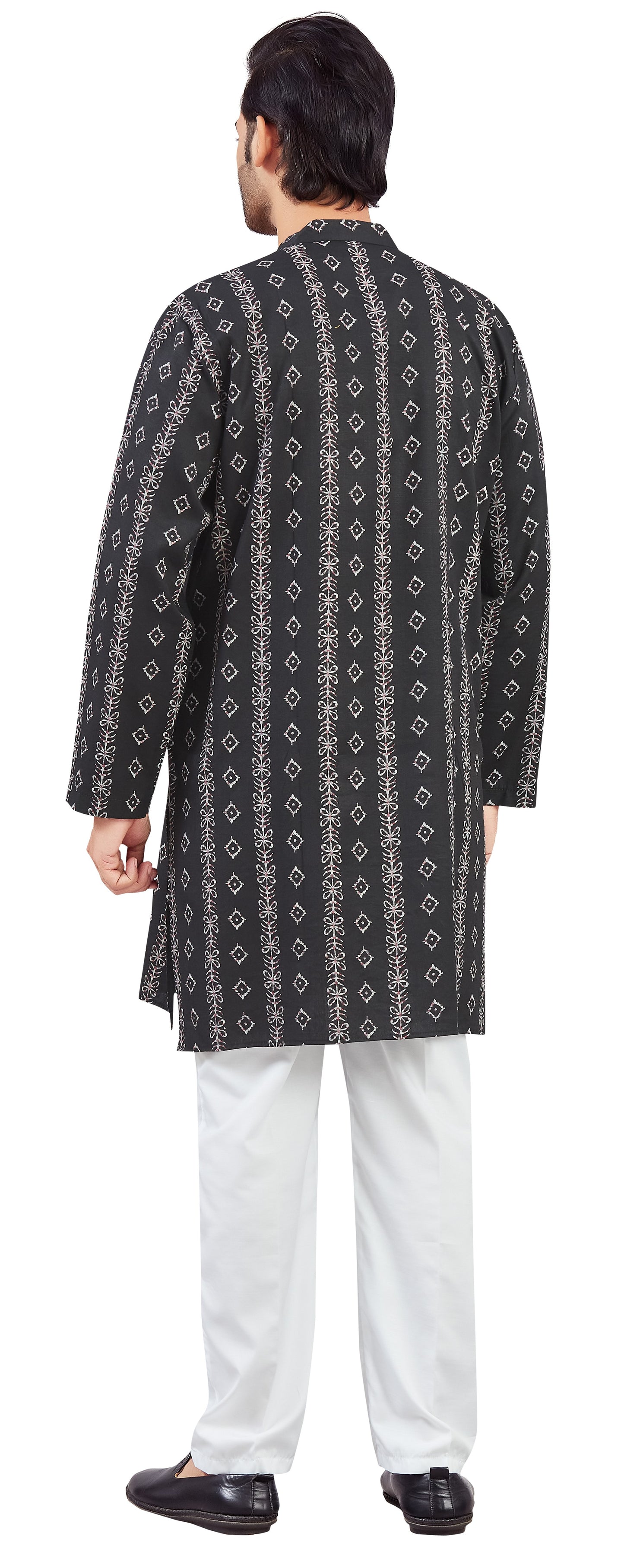 Men's Black Cotton Batik Printed Knee Length Relax Fit Kurta (Design 206)