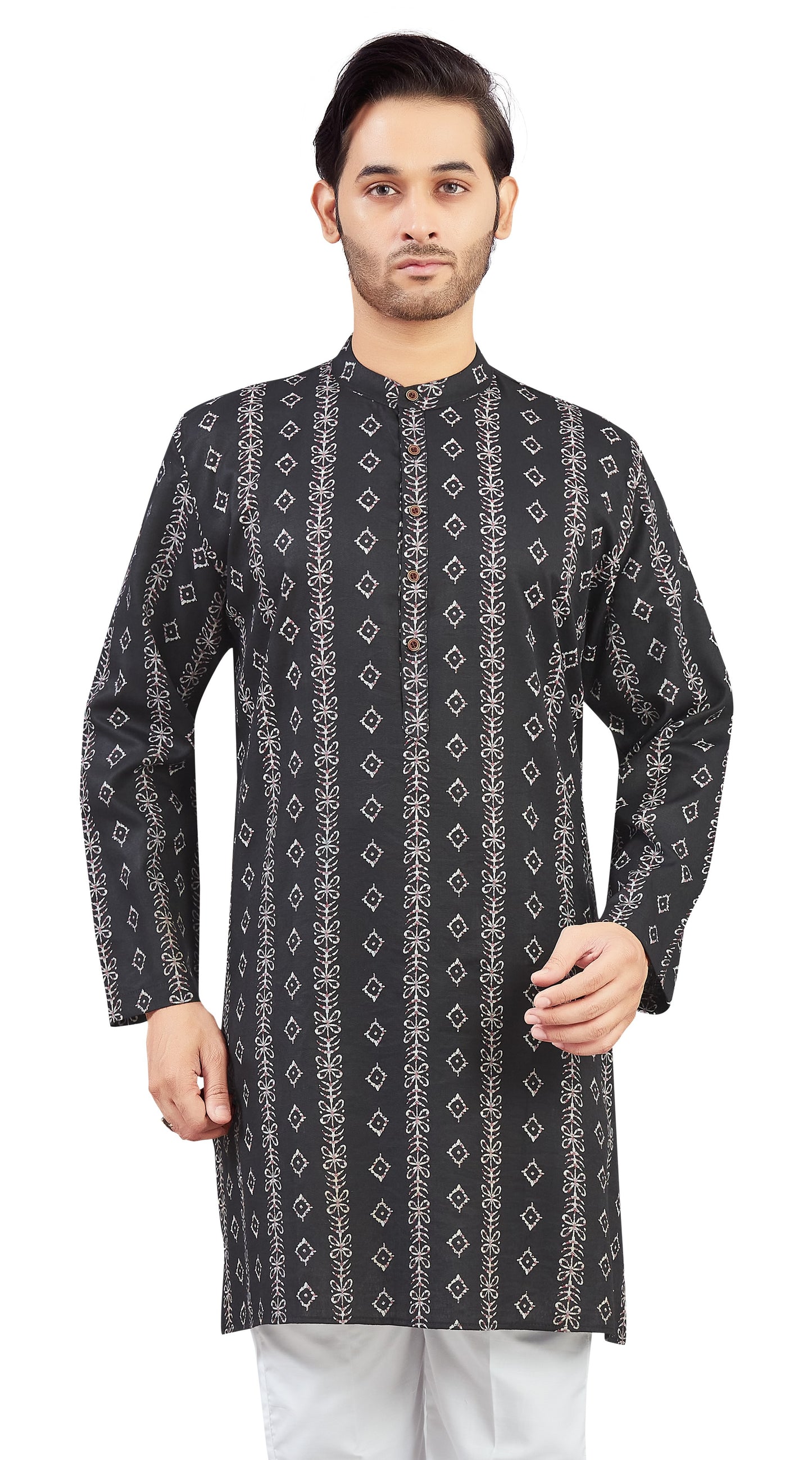 Men's Black Cotton Batik Printed Knee Length Relax Fit Kurta (Design 206)