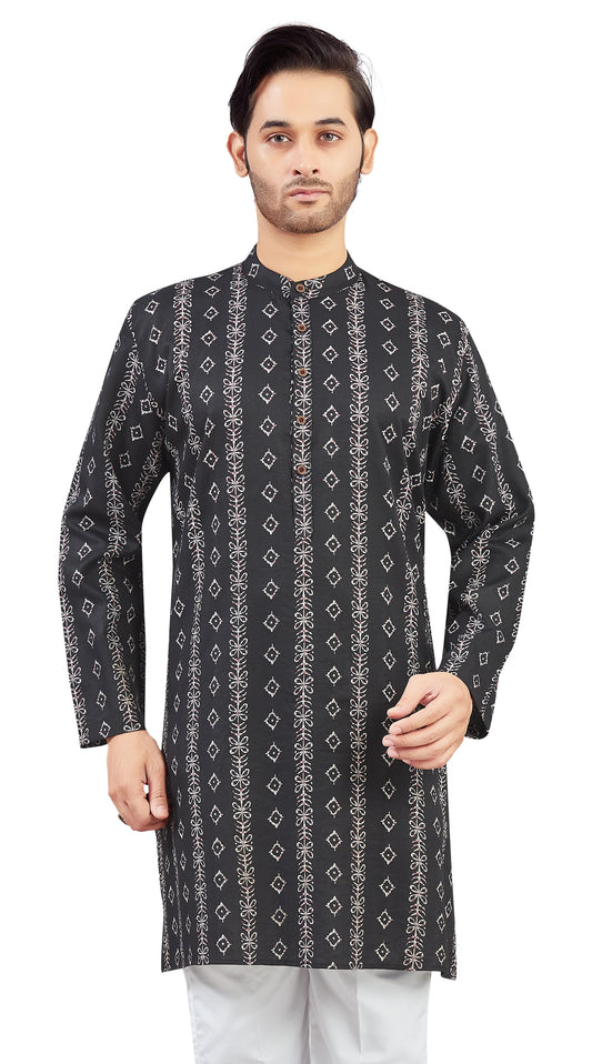 Men's Black Cotton Batik Printed Knee Length Relax Fit Kurta (Design 206)