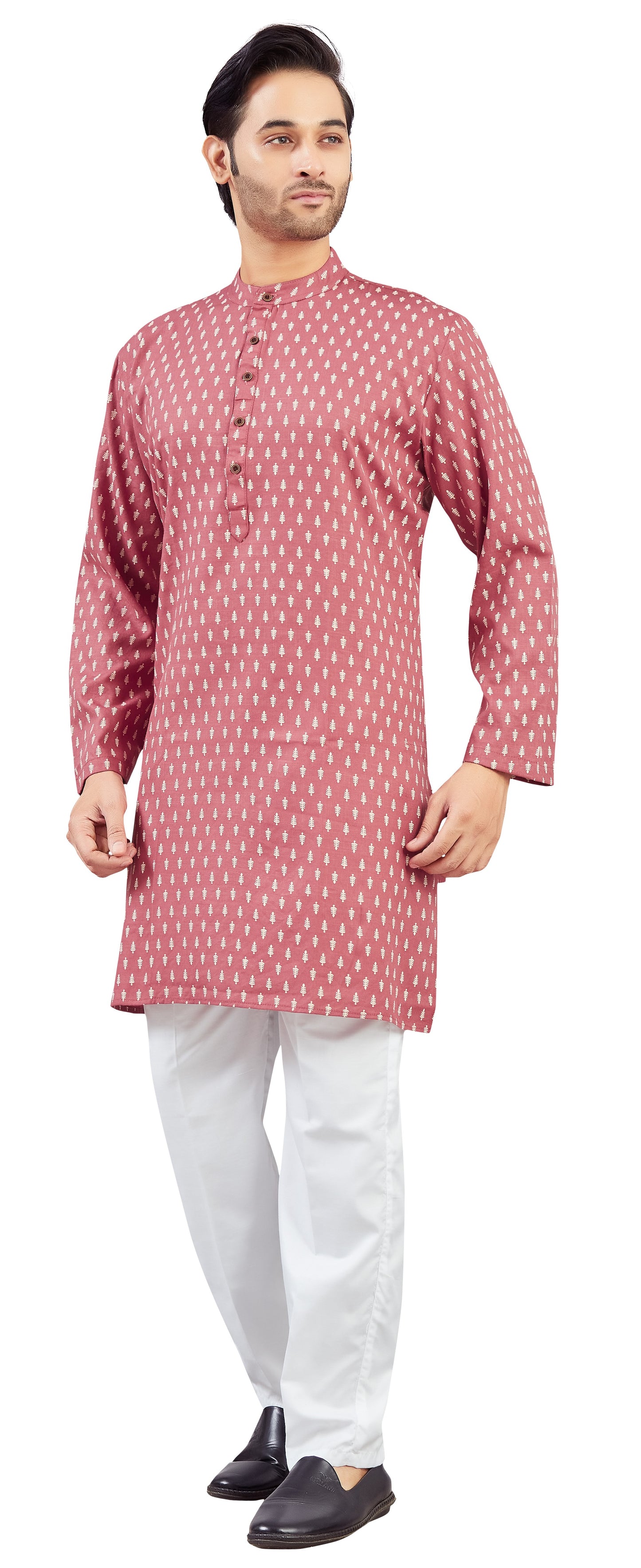 Men's Pink Carrot Coloured Cotton Printed Knee Length Relax Fit Kurta (Design 208)