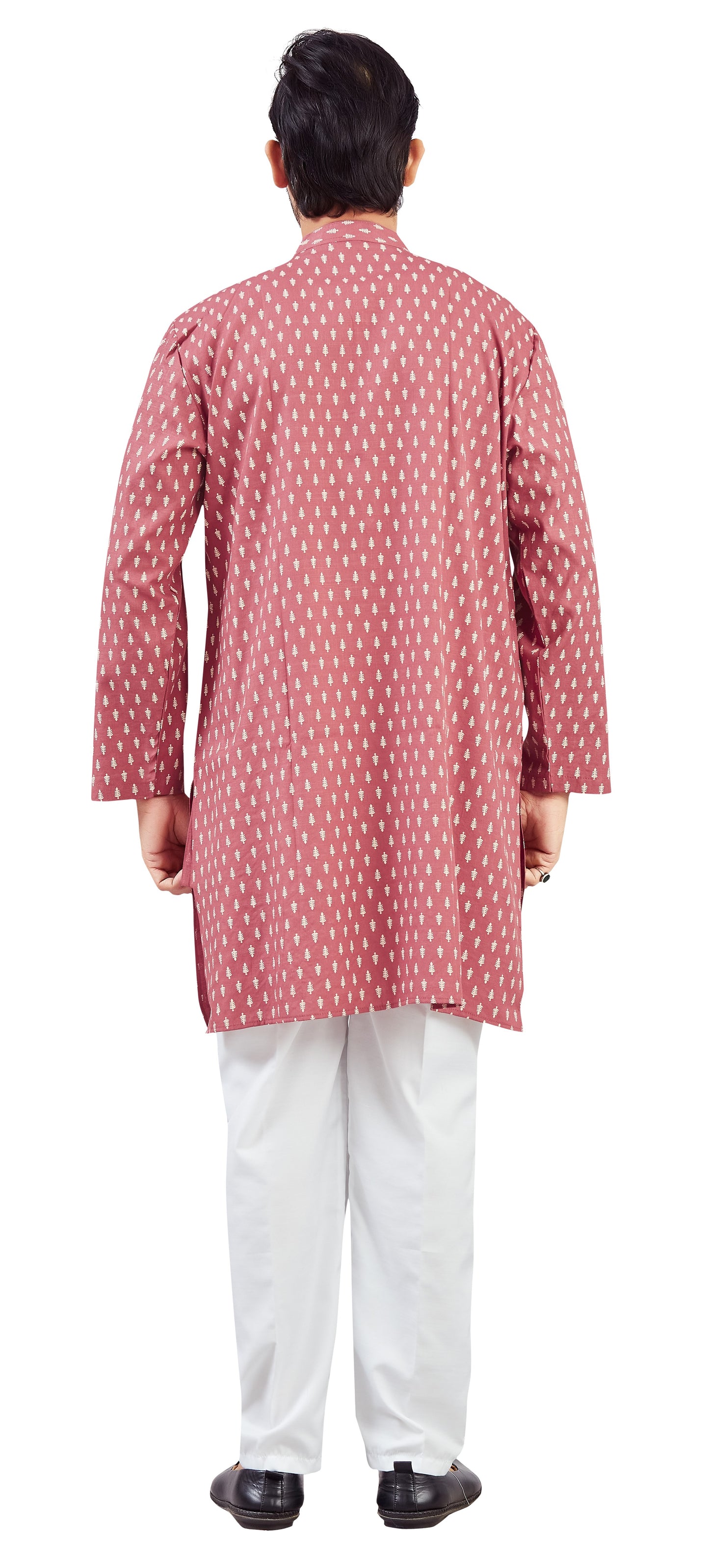 Men's Pink Carrot Coloured Cotton Printed Knee Length Relax Fit Kurta (Design 208)