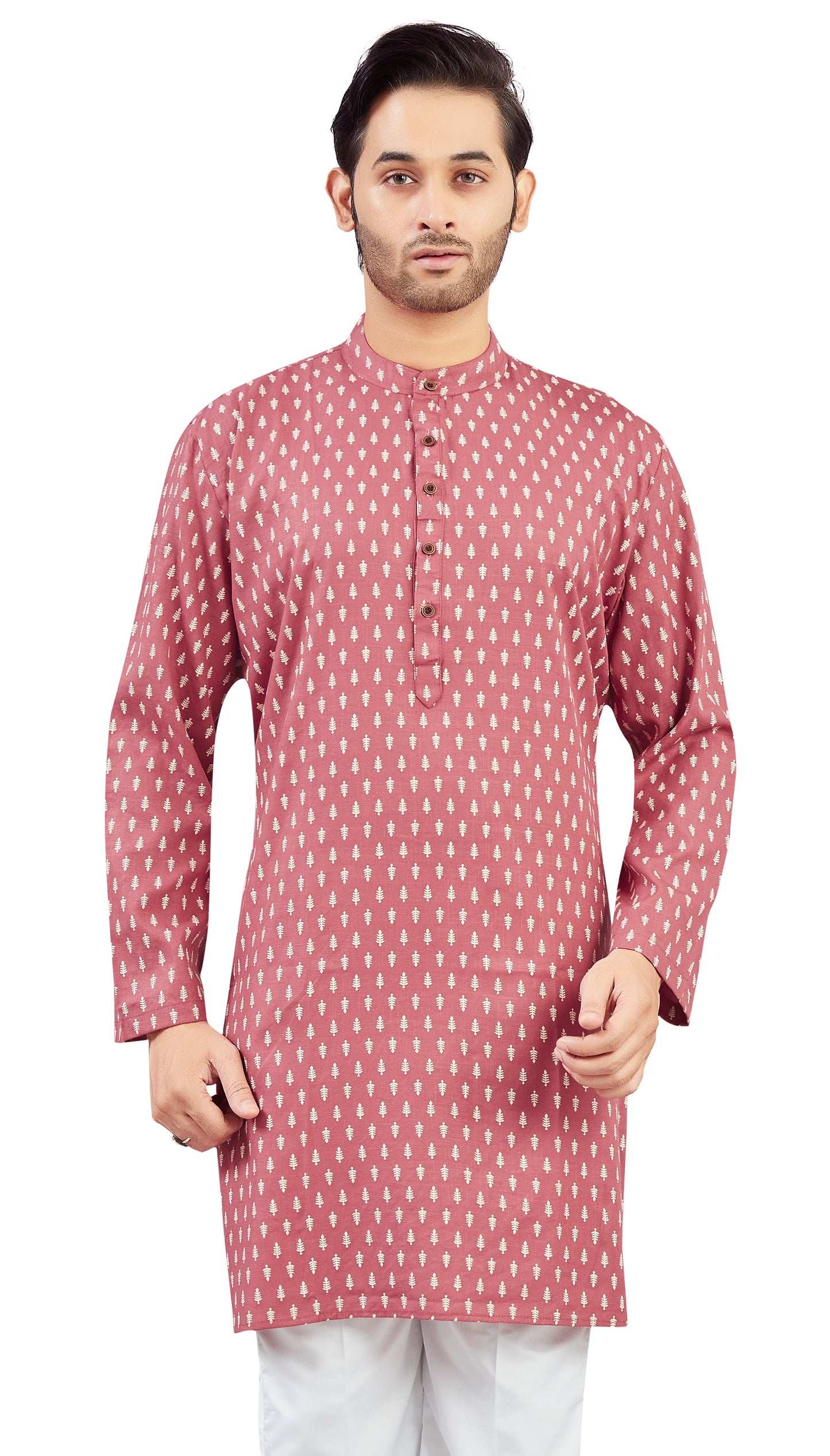 Men's Pink Carrot Coloured Cotton Printed Knee Length Relax Fit Kurta (Design 208)
