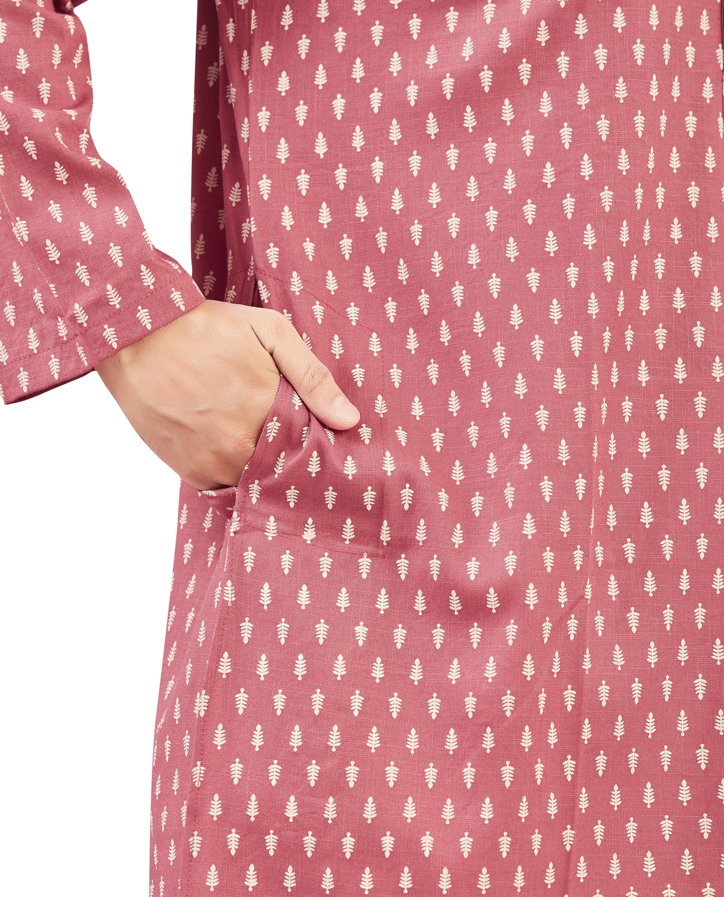 Men's Pink Carrot Coloured Cotton Printed Knee Length Relax Fit Kurta (Design 208)