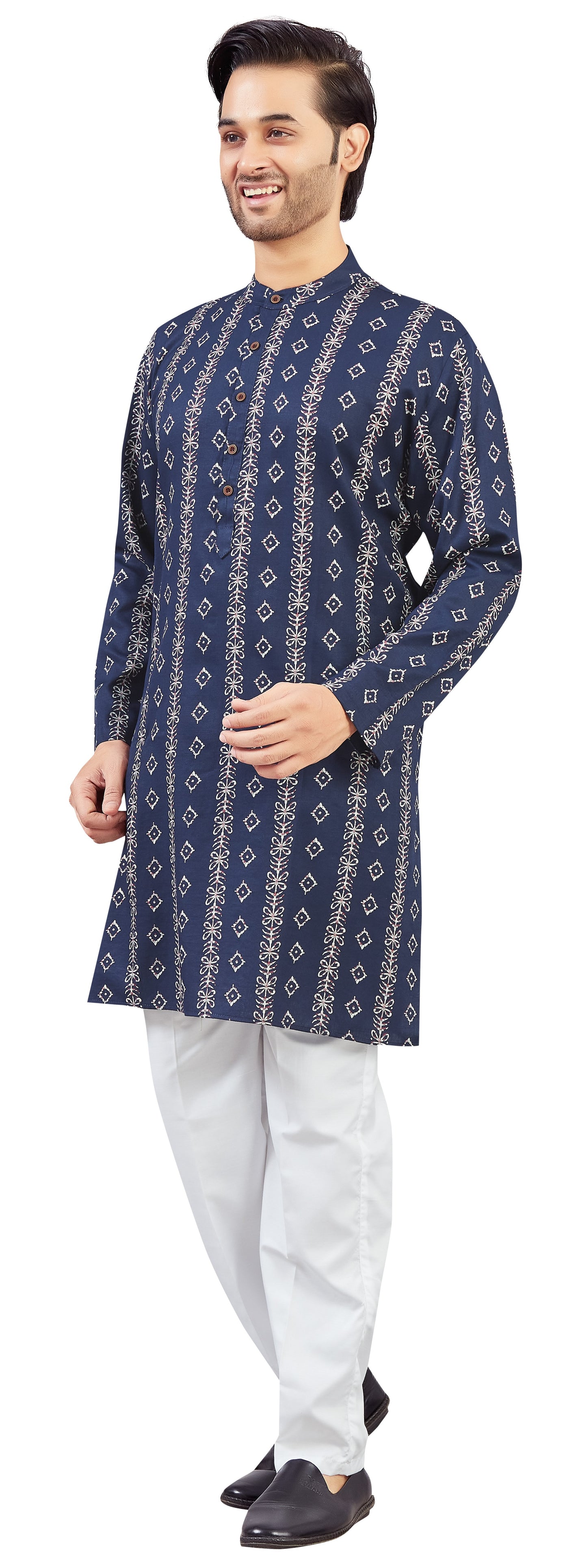 Men's Navy Blue Cotton Batik Printed Knee Length Relax Fit Kurta (Design 210)