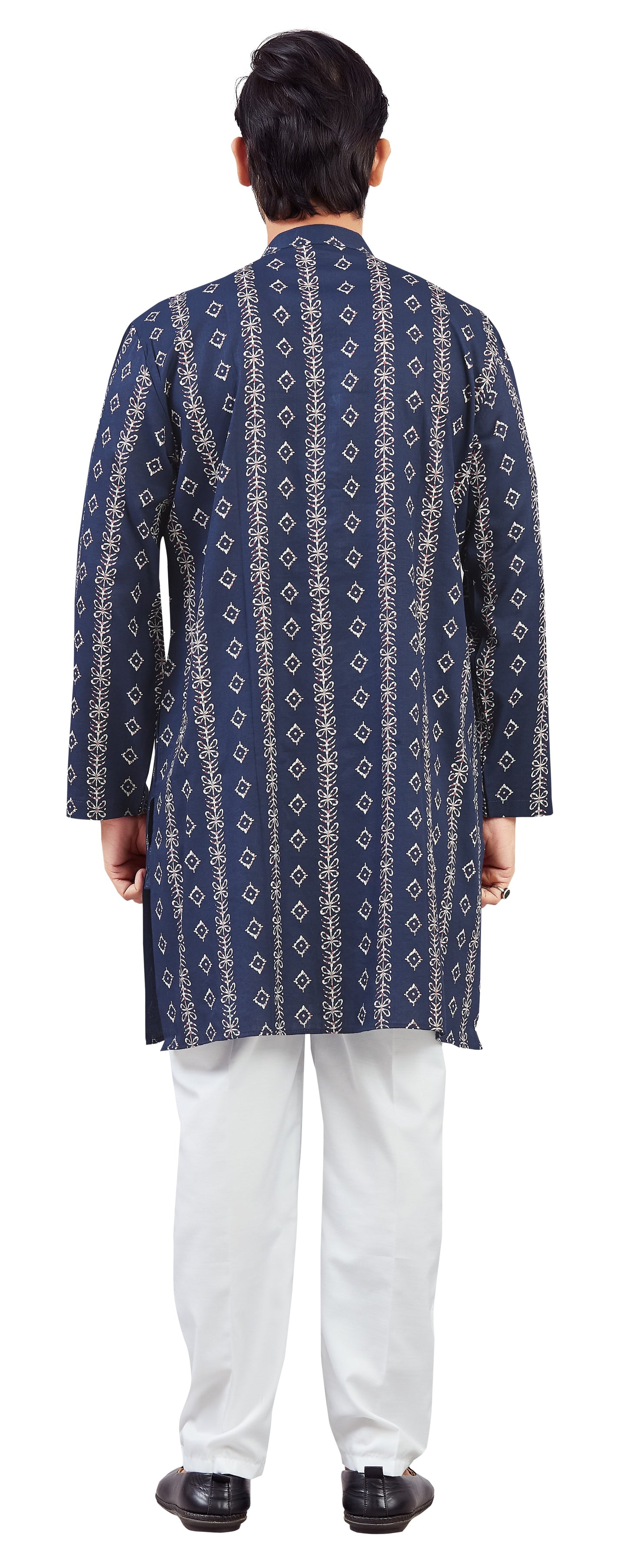Men's Navy Blue Cotton Batik Printed Knee Length Relax Fit Kurta (Design 210)