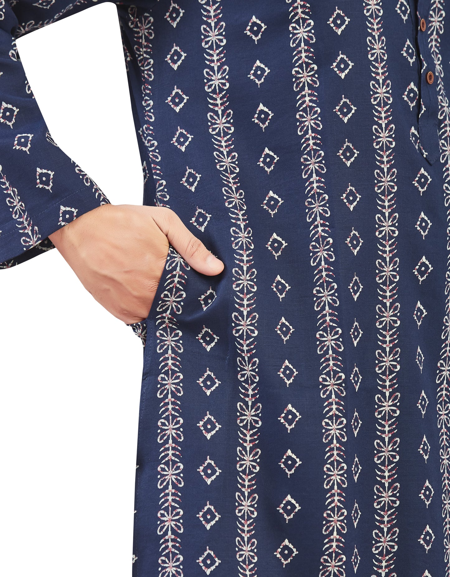 Men's Navy Blue Cotton Batik Printed Knee Length Relax Fit Kurta (Design 210)