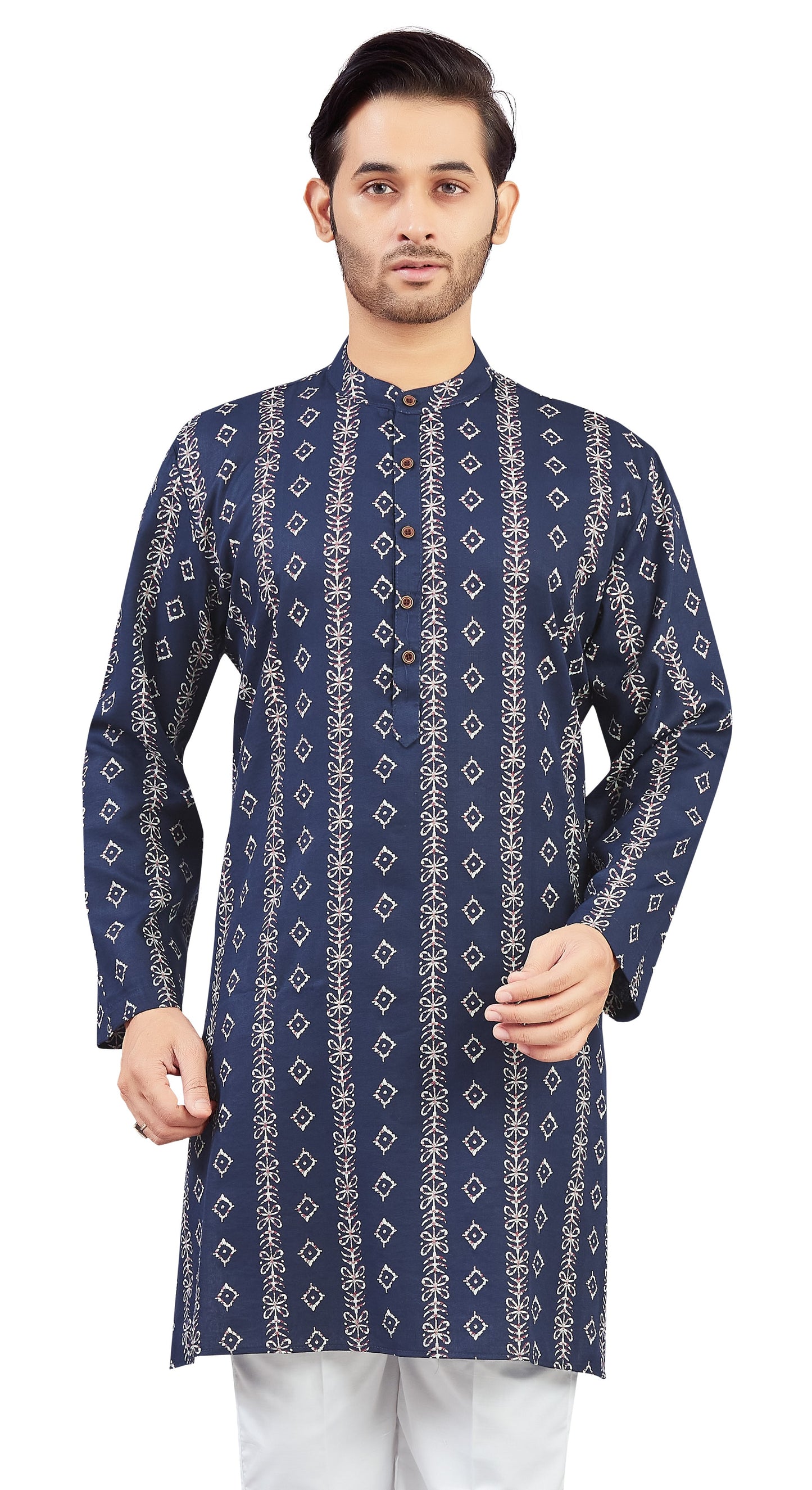 Men's Navy Blue Cotton Batik Printed Knee Length Relax Fit Kurta (Design 210)