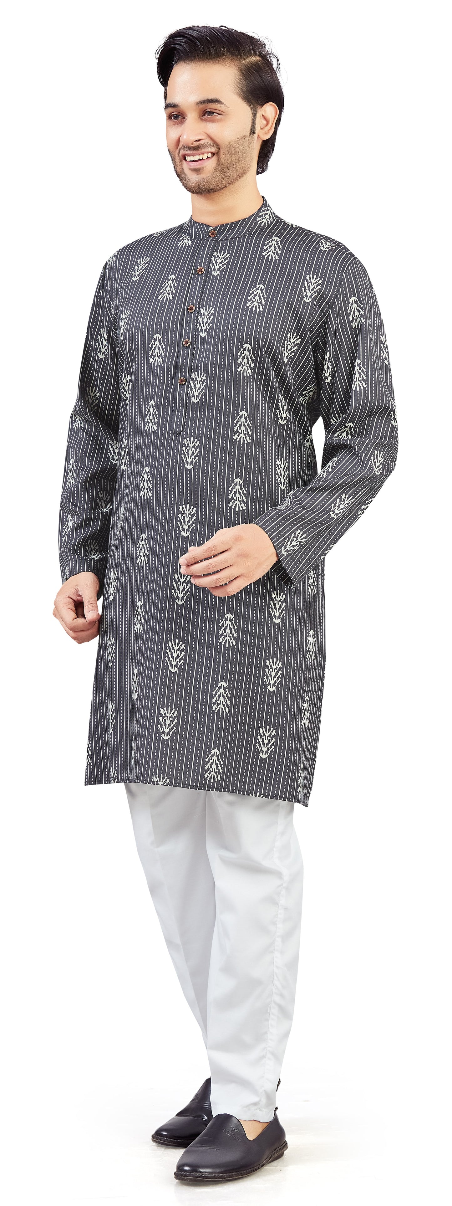 Men's Steel Grey Cotton Printed Knee Length Relax Fit Kurta (Design 211)