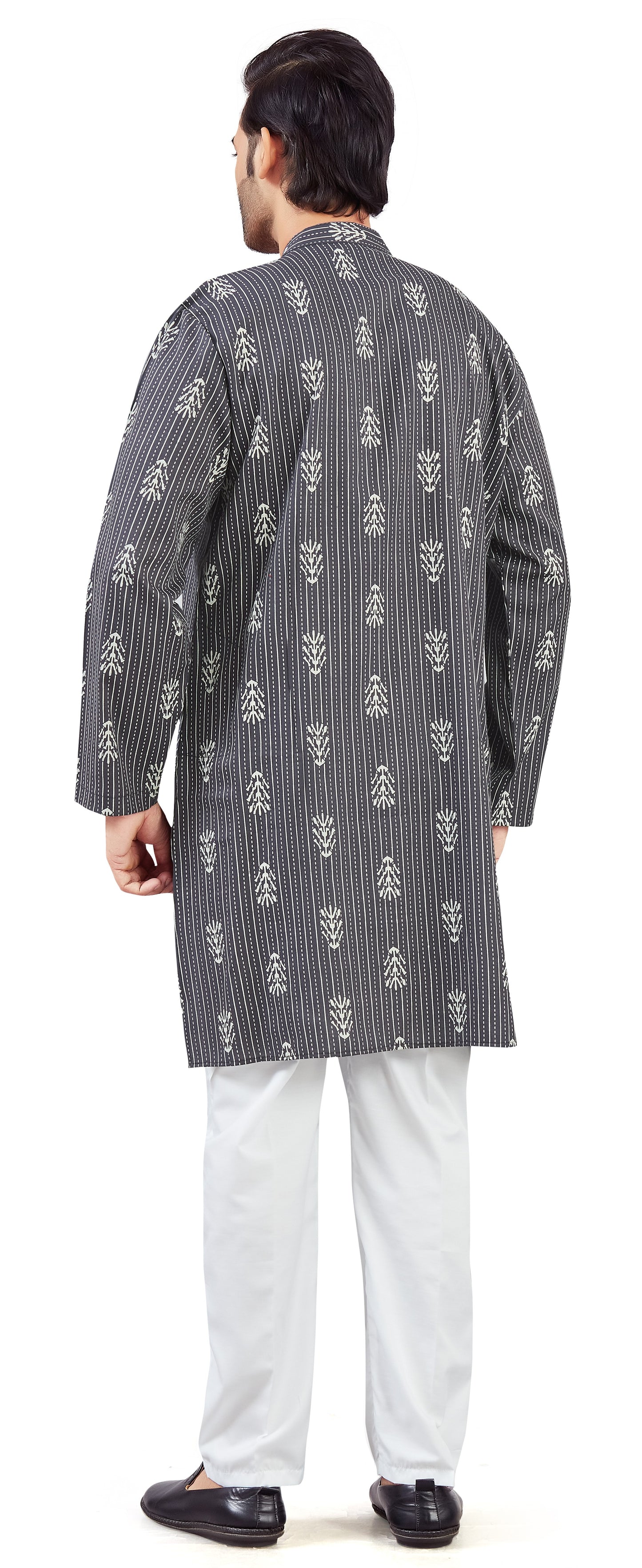 Men's Steel Grey Cotton Printed Knee Length Relax Fit Kurta (Design 211)