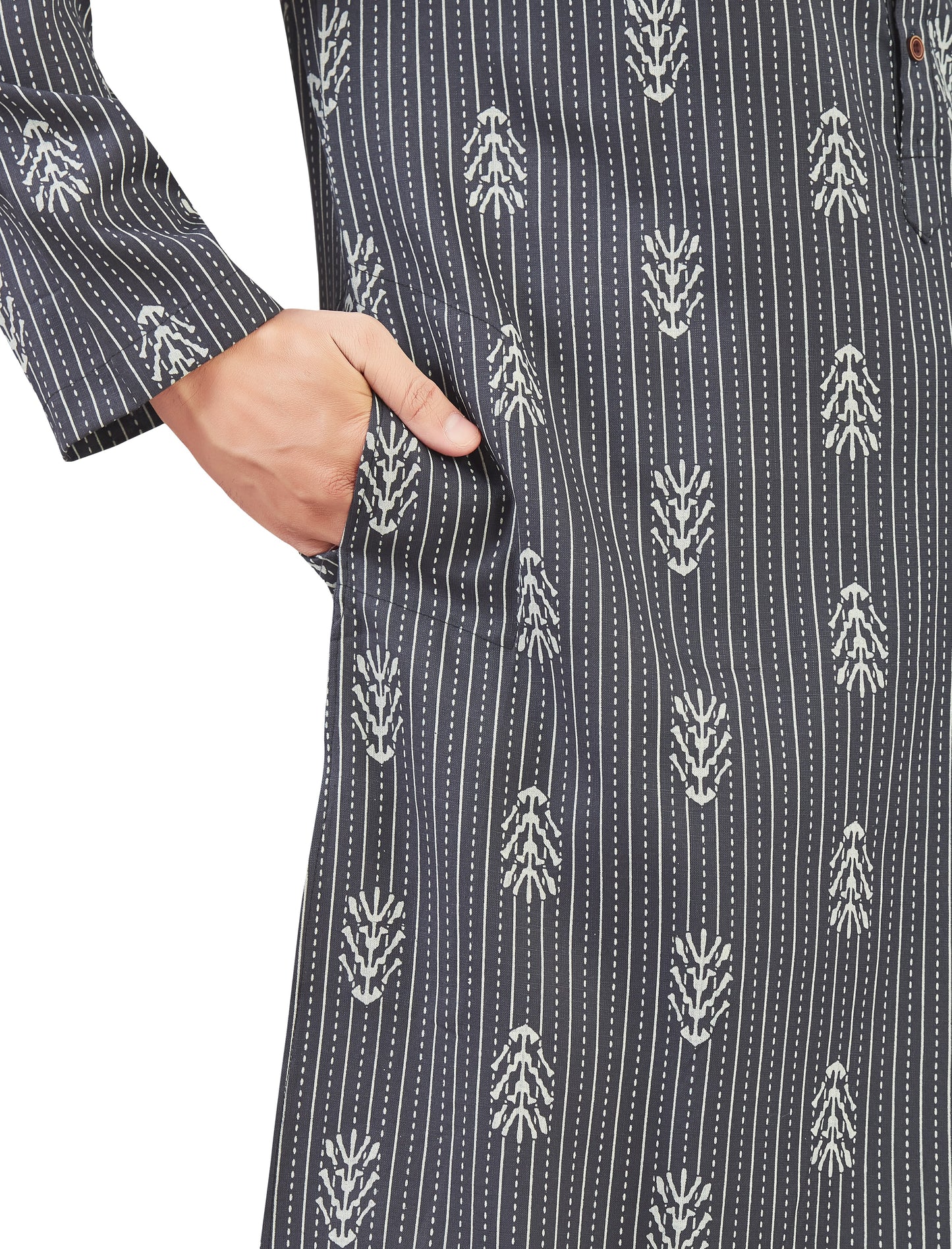 Men's Steel Grey Cotton Printed Knee Length Relax Fit Kurta (Design 211)
