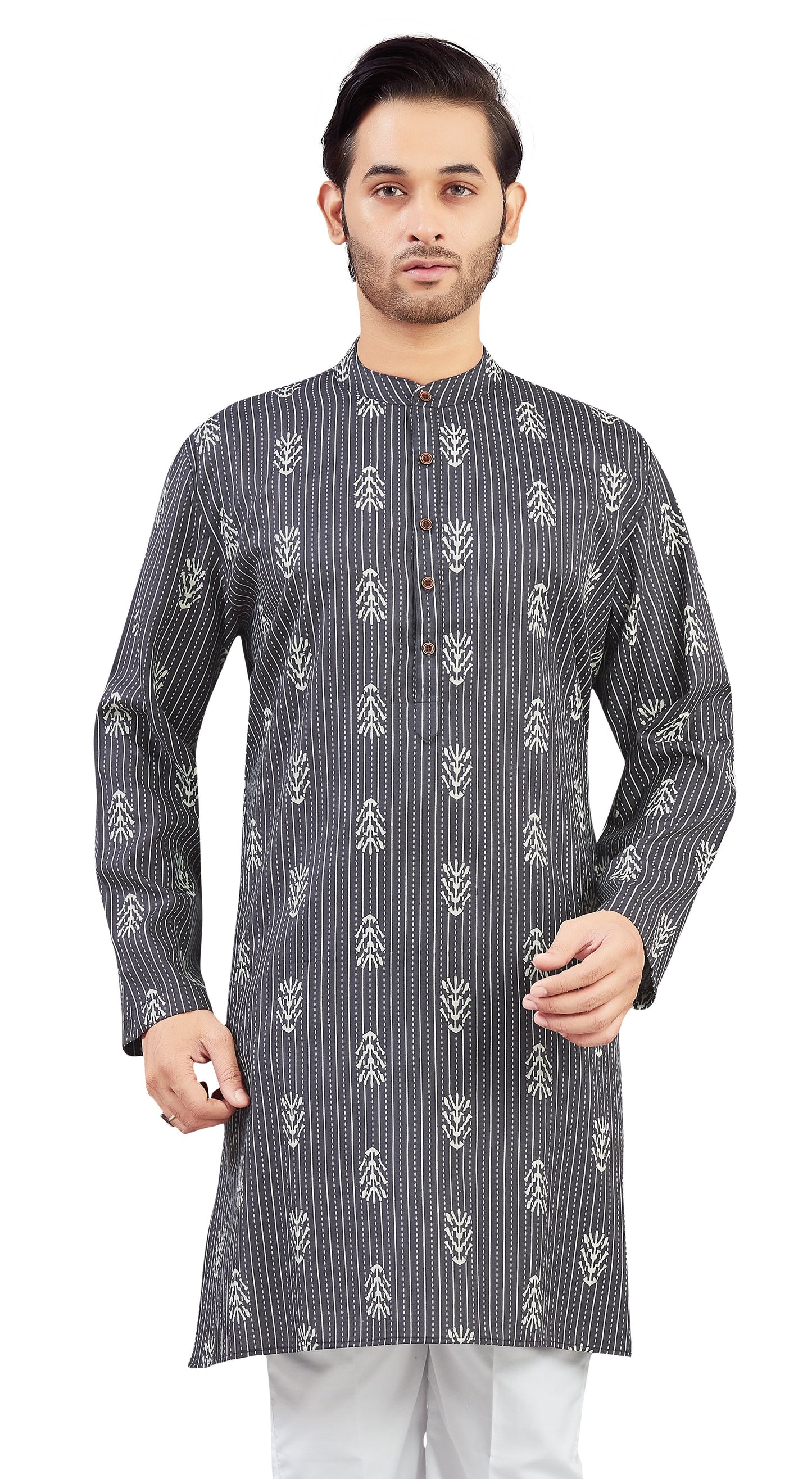 Men's Steel Grey Cotton Printed Knee Length Relax Fit Kurta (Design 211)