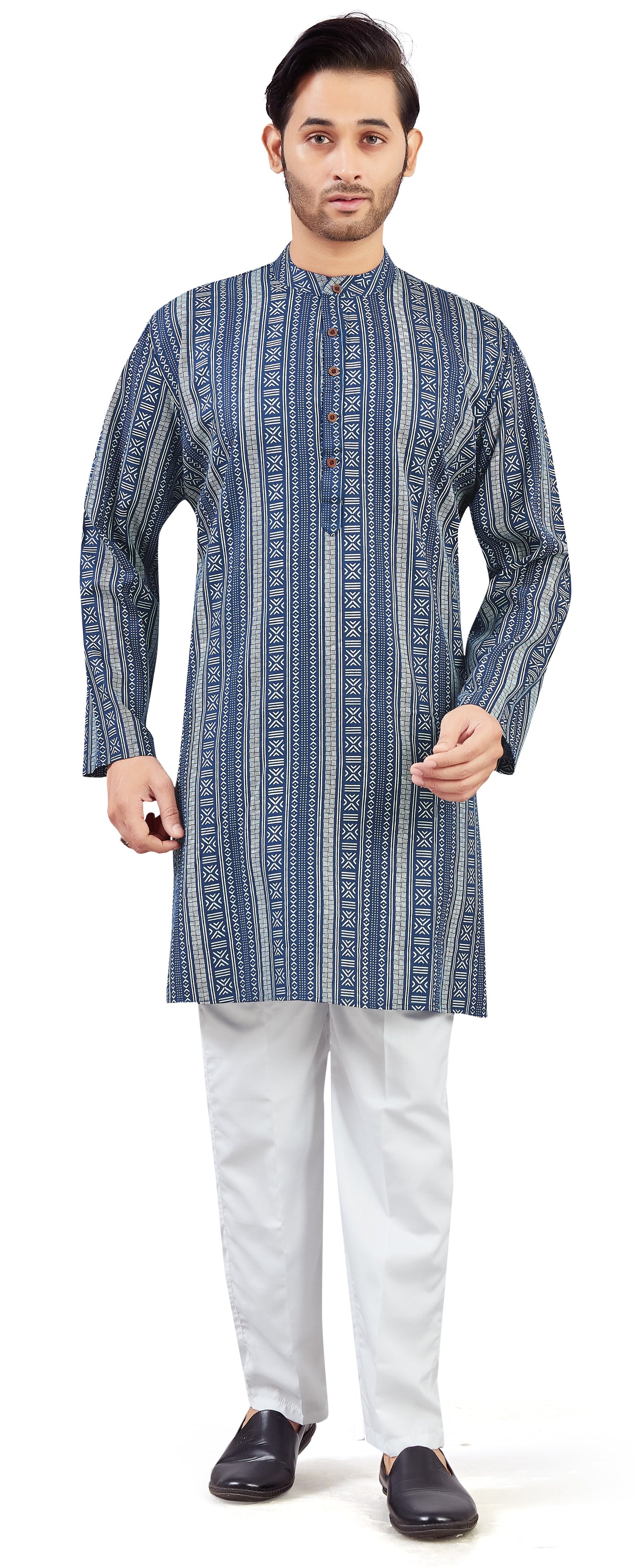 Men's Navy Blue Cotton Turkish Printed Knee Length Relax Fit Kurta (Design 212)