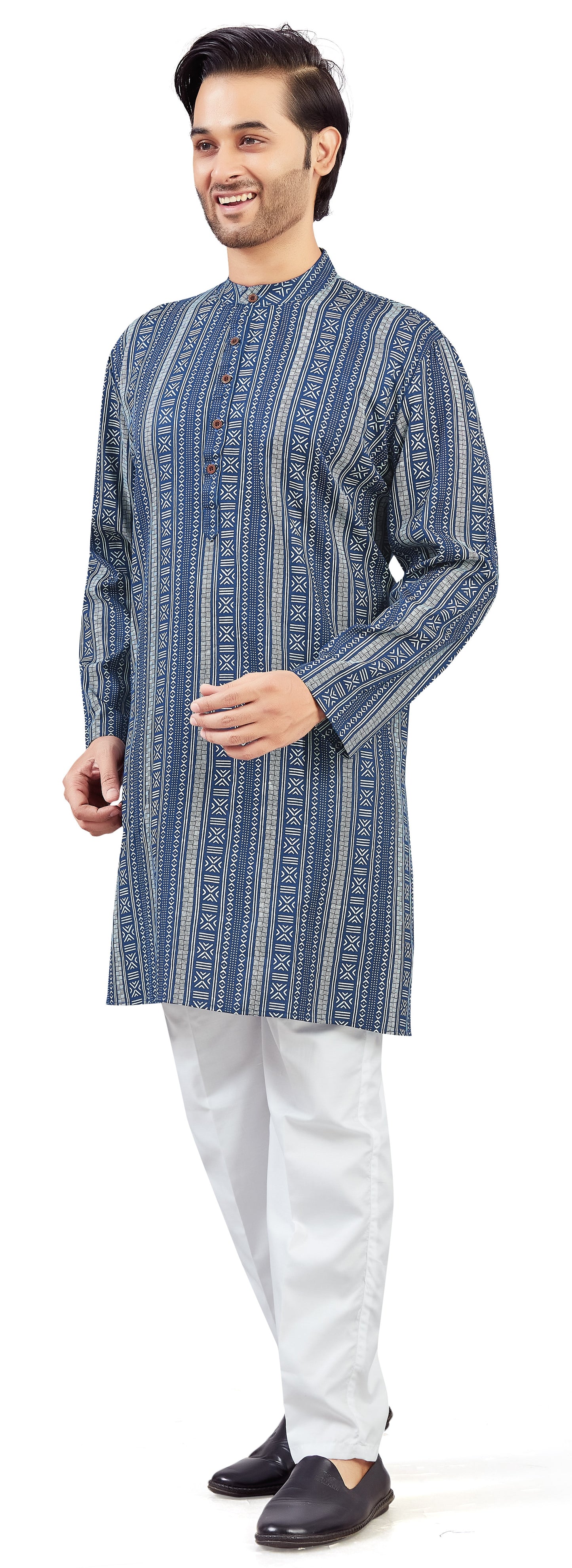 Men's Navy Blue Cotton Turkish Printed Knee Length Relax Fit Kurta (Design 212)
