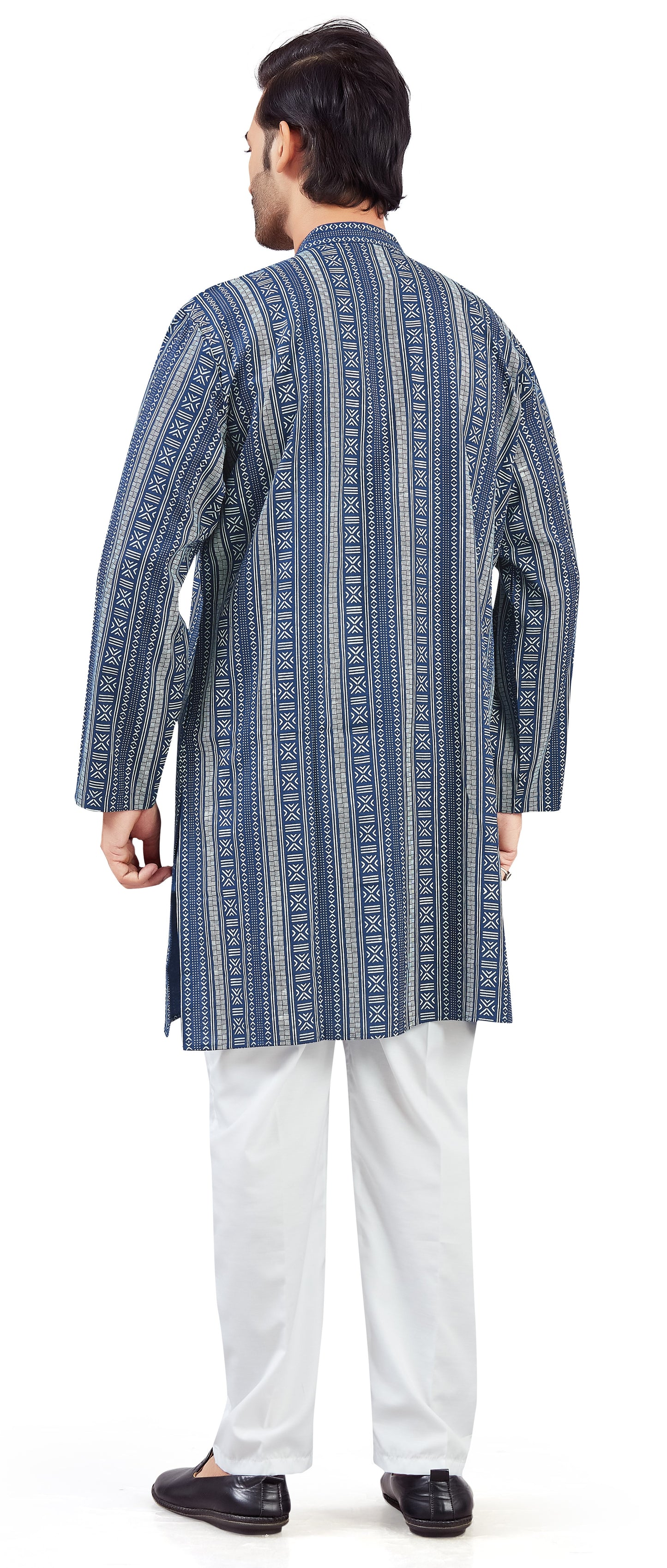 Men's Navy Blue Cotton Turkish Printed Knee Length Relax Fit Kurta (Design 212)