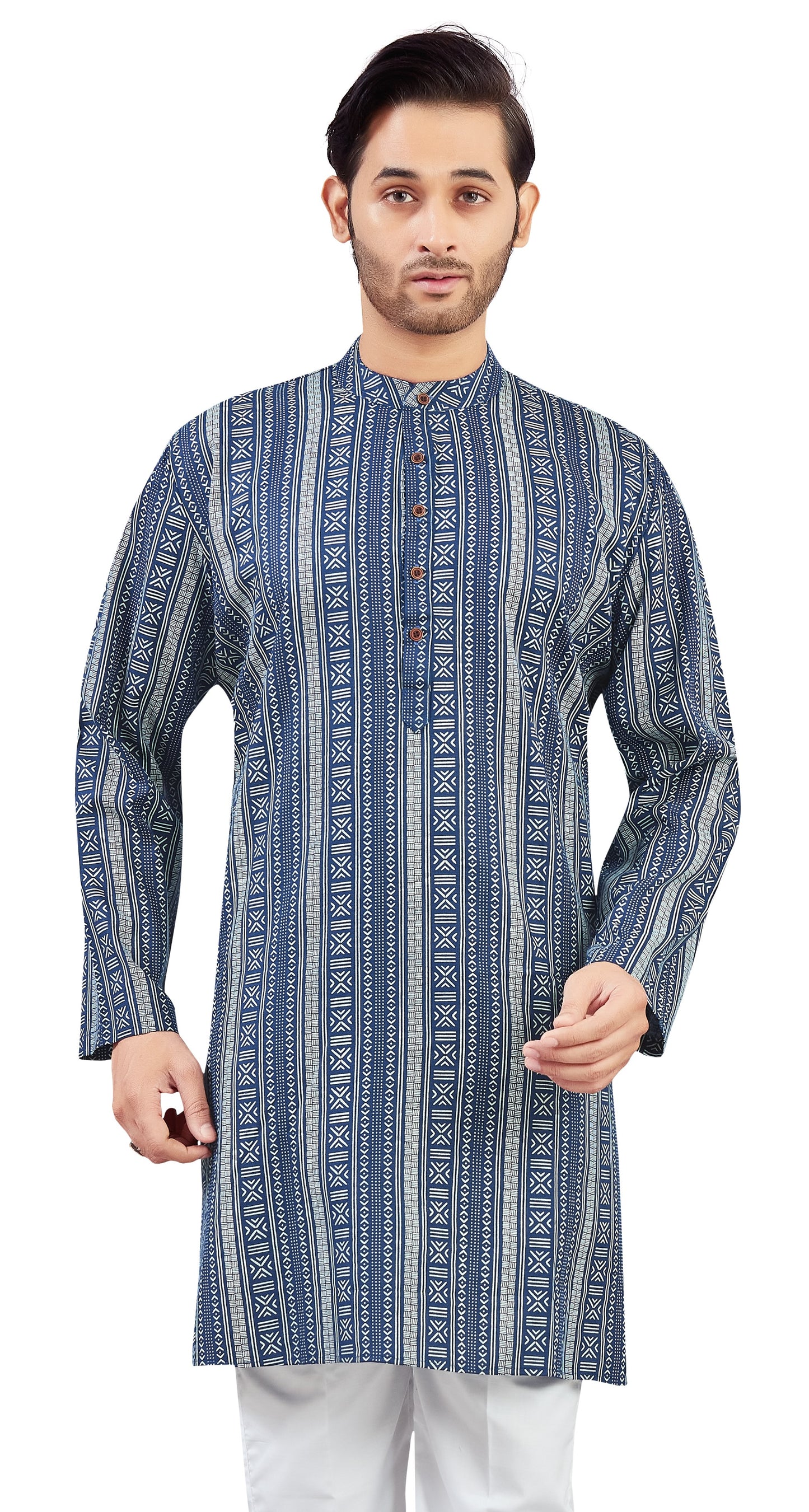 Men's Navy Blue Cotton Turkish Printed Knee Length Relax Fit Kurta (Design 212)