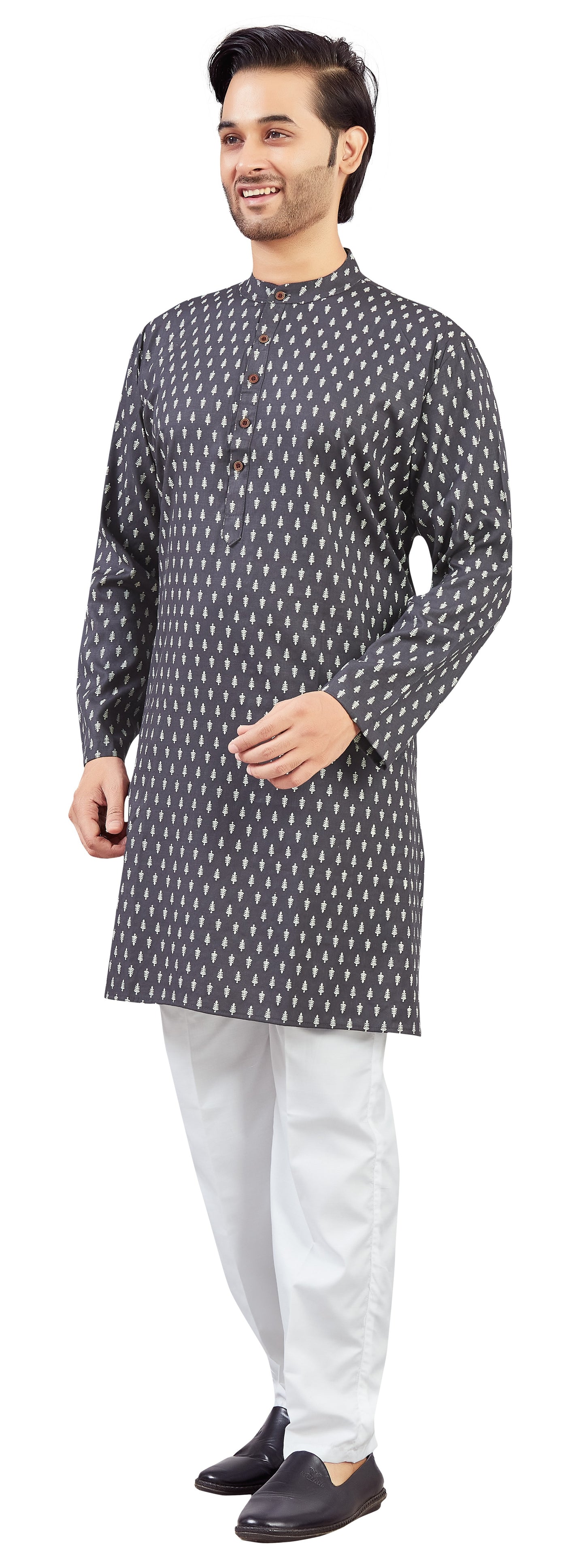 Men's Dark Grey Coloured Cotton Printed Knee Length Relax Fit Kurta (Design 213)