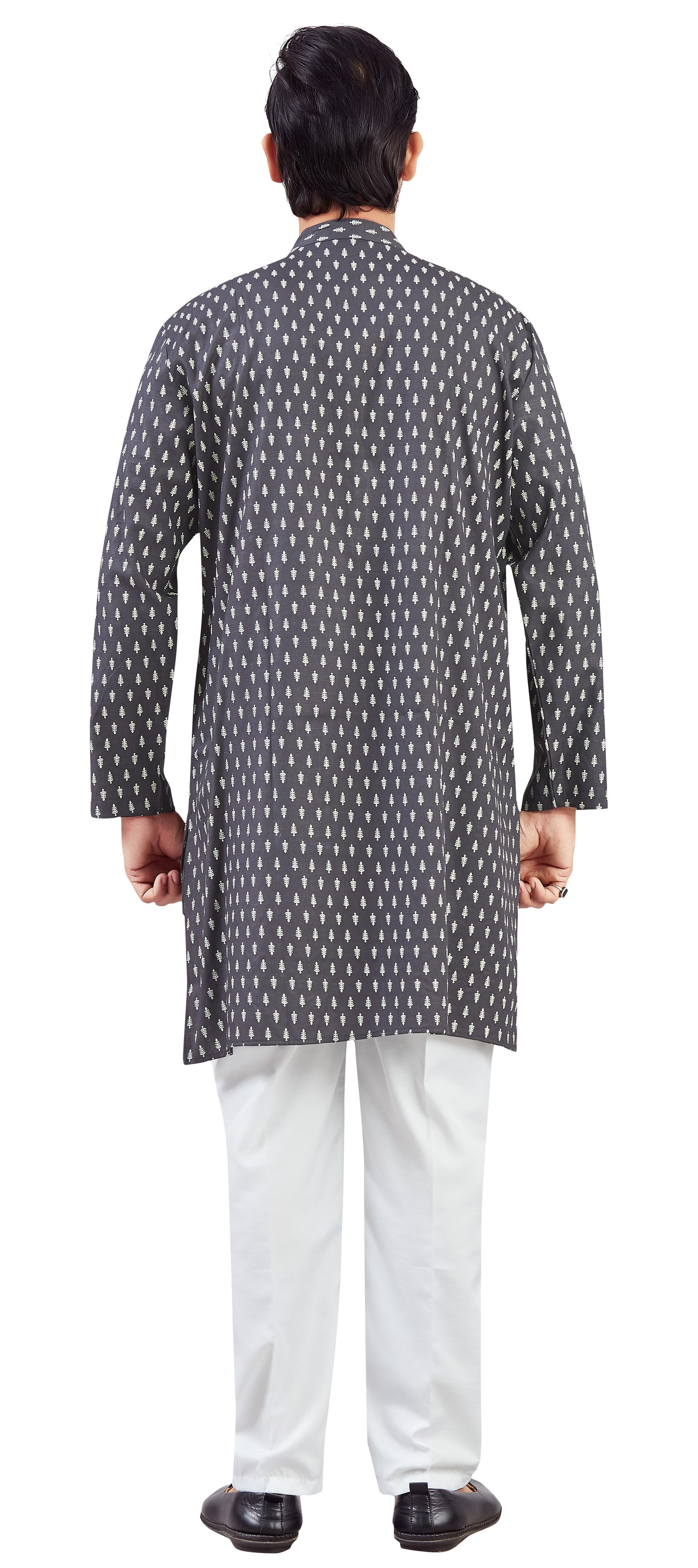 Men's Dark Grey Coloured Cotton Printed Knee Length Relax Fit Kurta (Design 213)