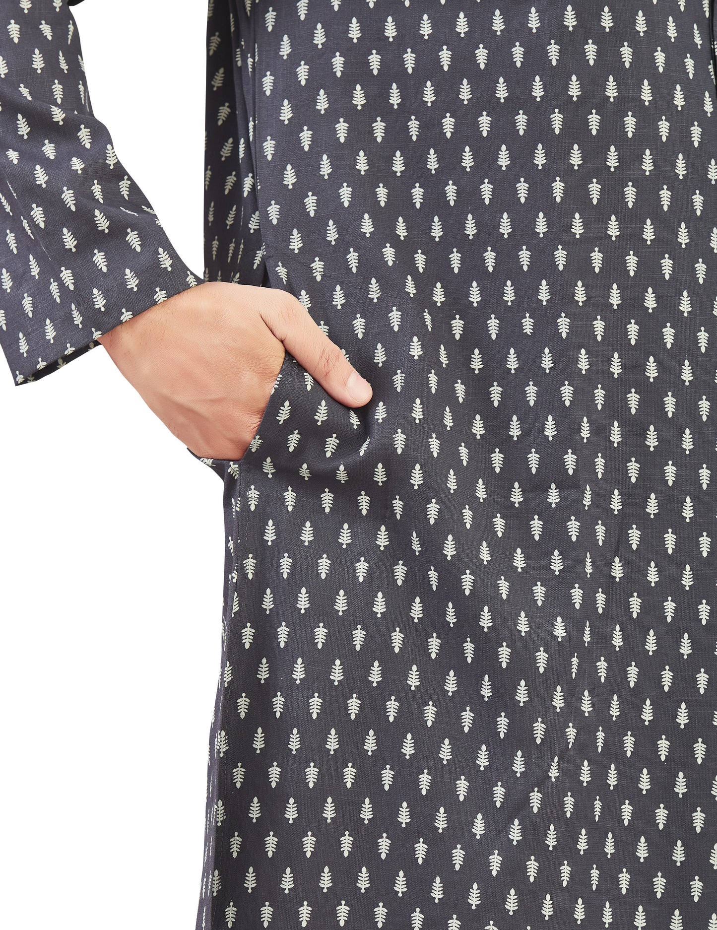 Men's Dark Grey Coloured Cotton Printed Knee Length Relax Fit Kurta (Design 213)