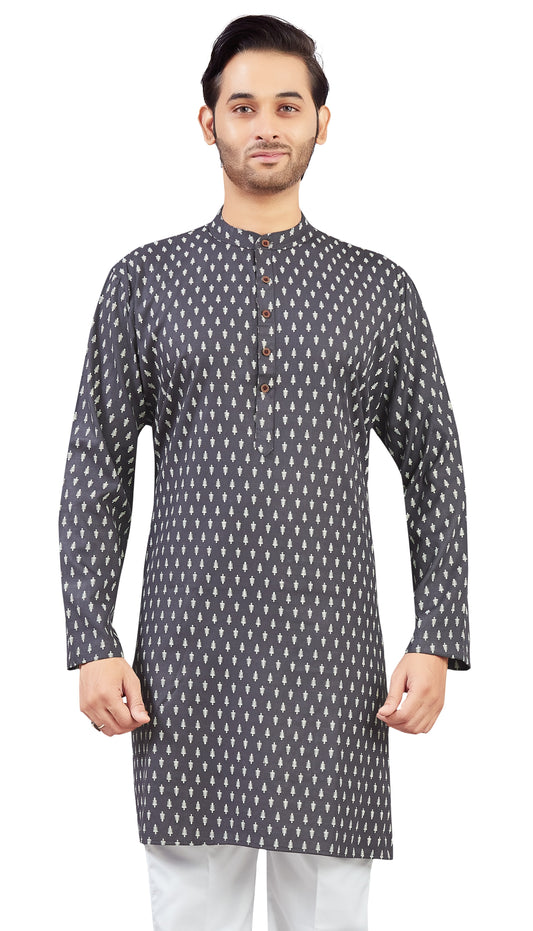 Men's Dark Grey Coloured Cotton Printed Knee Length Relax Fit Kurta (Design 213)