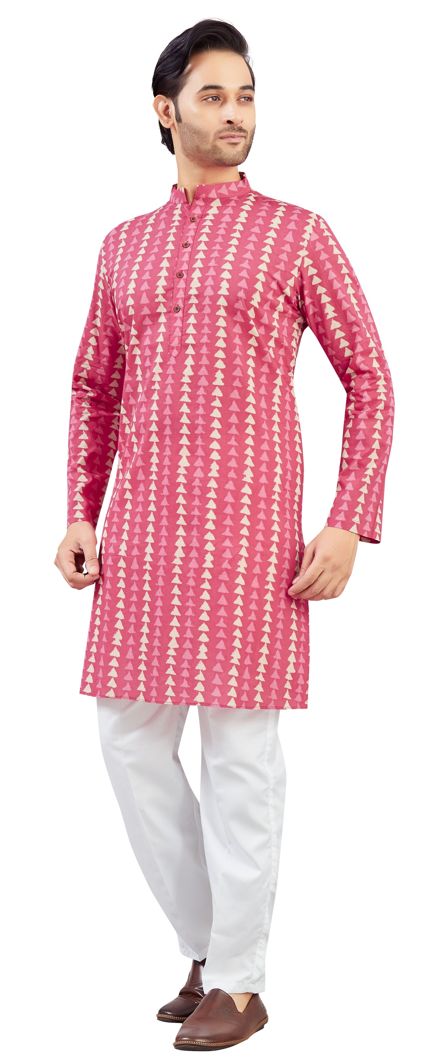 Men's Sober Pink Cotton Dhabu Block Printed Relaxed Fit Knee Length Kurta (Design 215)