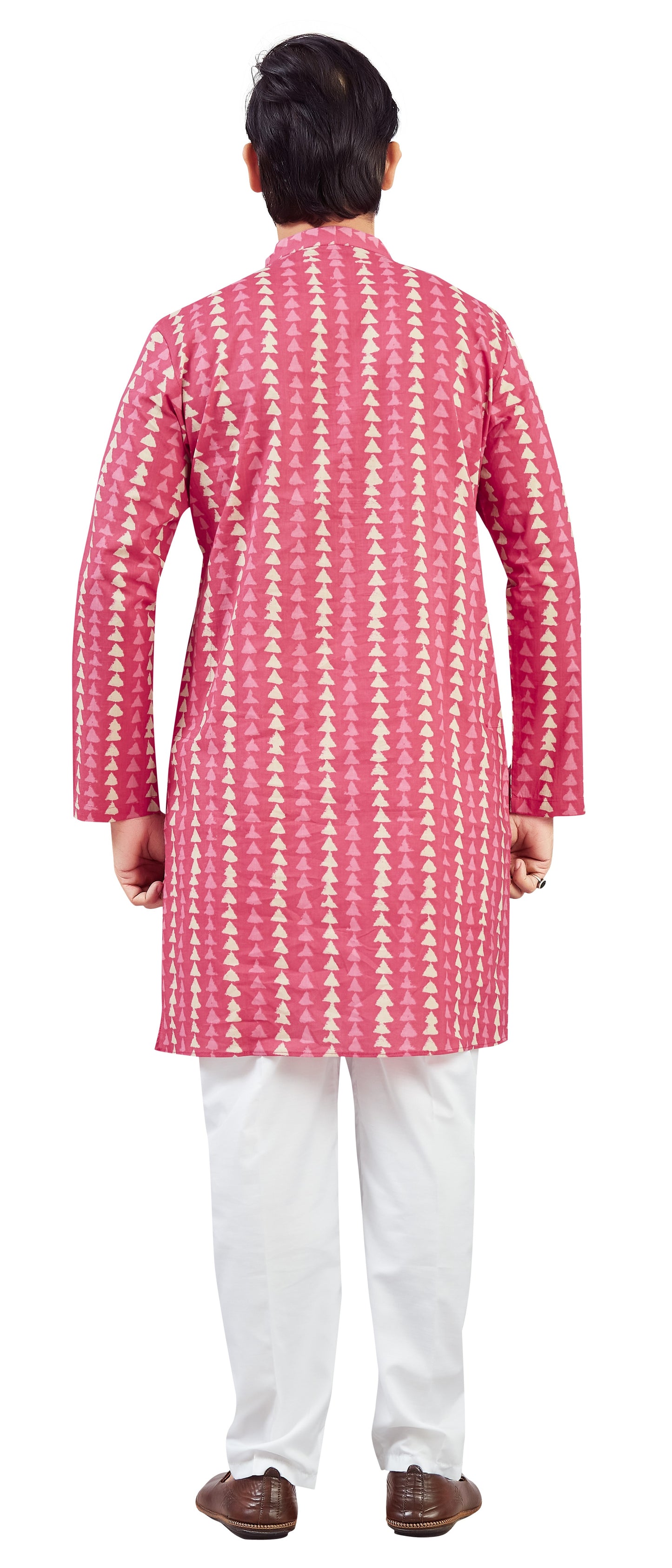 Men's Sober Pink Cotton Dhabu Block Printed Relaxed Fit Knee Length Kurta (Design 215)