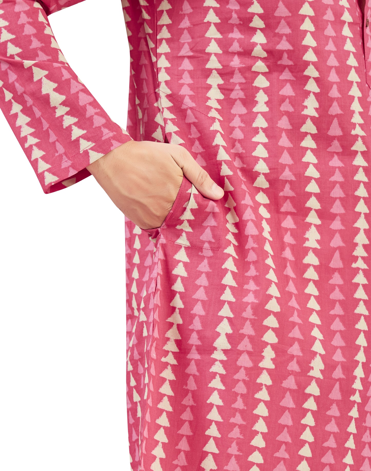 Men's Sober Pink Cotton Dhabu Block Printed Relaxed Fit Knee Length Kurta (Design 215)