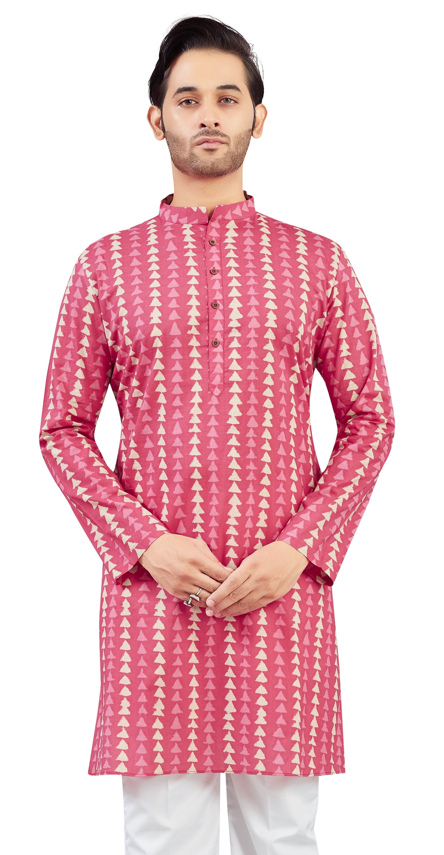Men's Sober Pink Cotton Dhabu Block Printed Relaxed Fit Knee Length Kurta (Design 215)