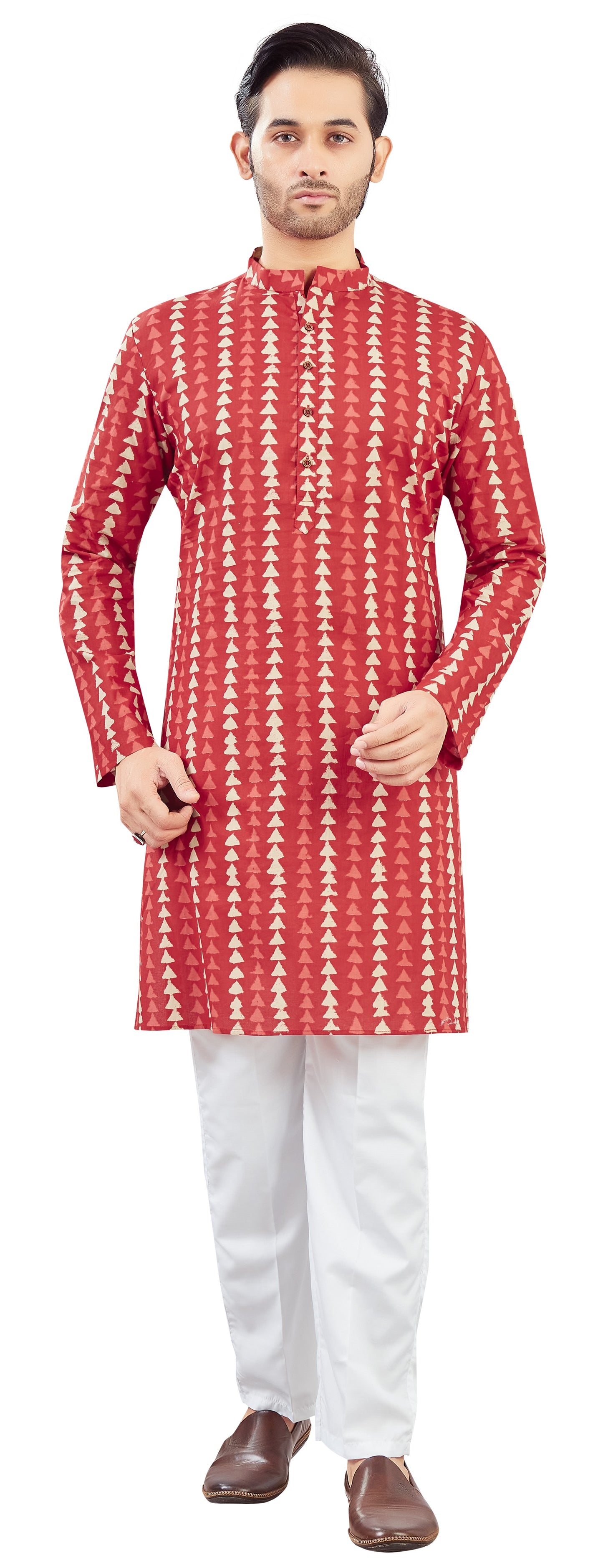 Men's Brick Red Cotton Dhabu Block Printed Relaxed Fit Knee Length Kurta (Design 216)