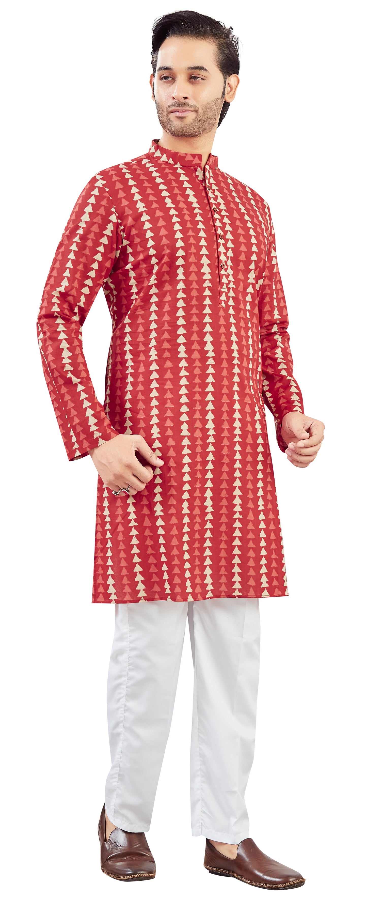 Men's Brick Red Cotton Dhabu Block Printed Relaxed Fit Knee Length Kurta (Design 216)