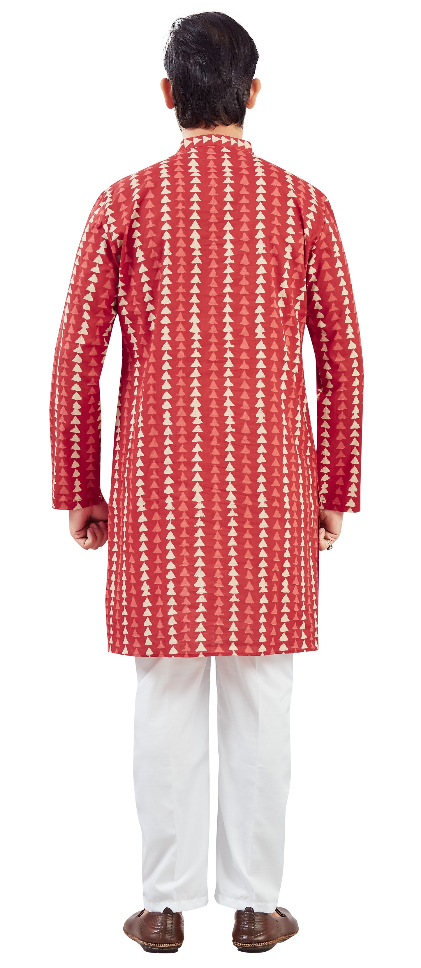Men's Brick Red Cotton Dhabu Block Printed Relaxed Fit Knee Length Kurta (Design 216)