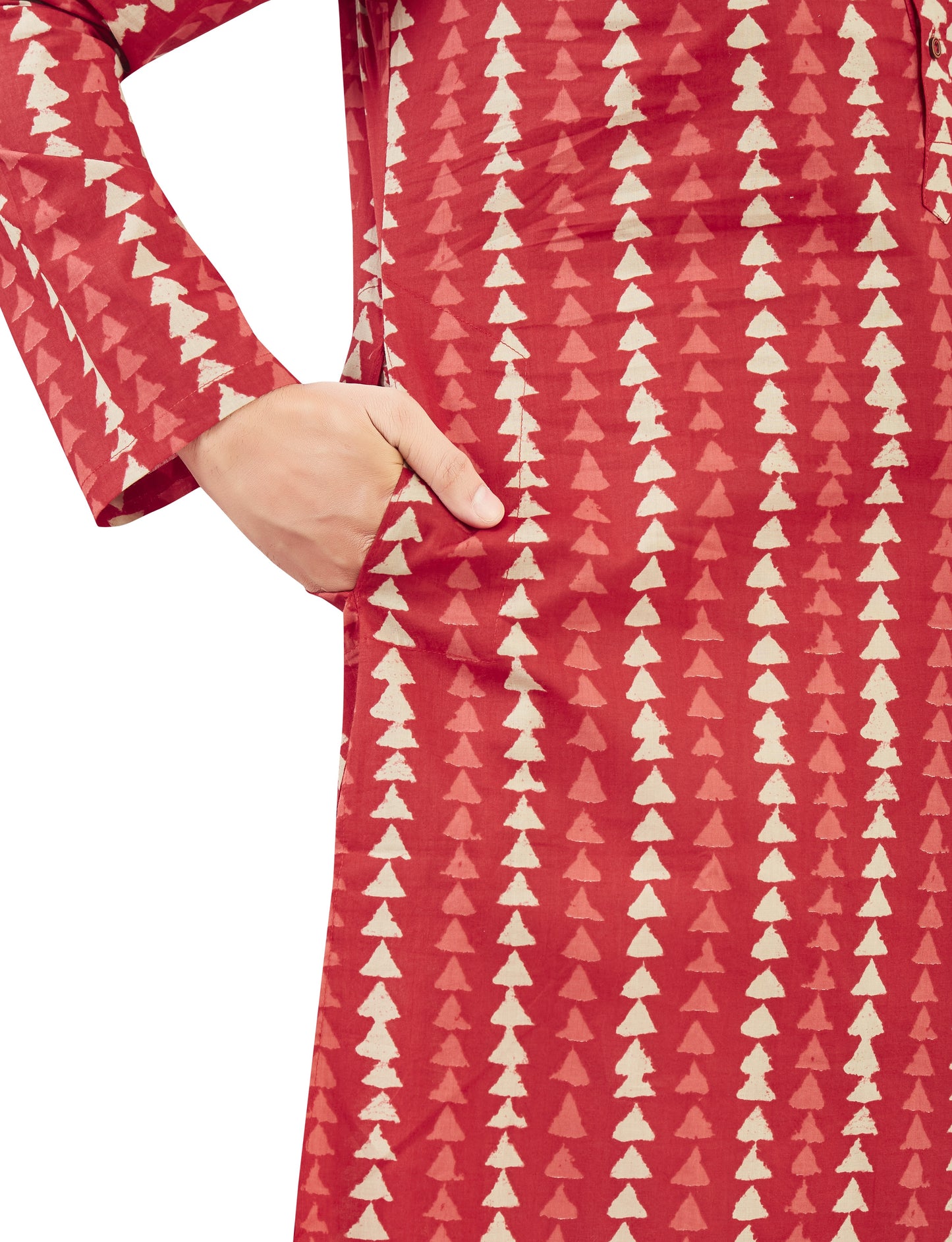 Men's Brick Red Cotton Dhabu Block Printed Relaxed Fit Knee Length Kurta (Design 216)