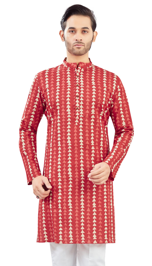 Men's Brick Red Cotton Dhabu Block Printed Relaxed Fit Knee Length Kurta (Design 216)