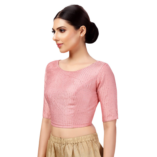 Women's Polyester Elbow Length Sleeves Chanderi Cotton Silk Sequin Embroidered Saree Blouse (2440 - Onion Pink)