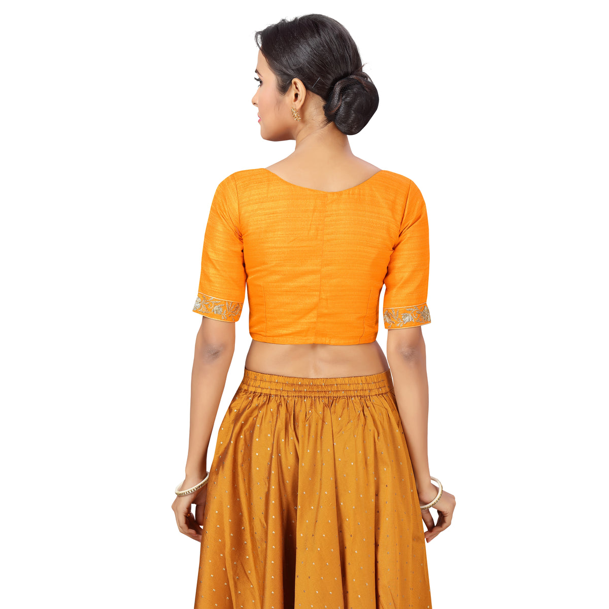 Women's Polyester Elbow Length Sleeves Wedding Saree Blouse with Golden Embroidery (2278 - Yellow)