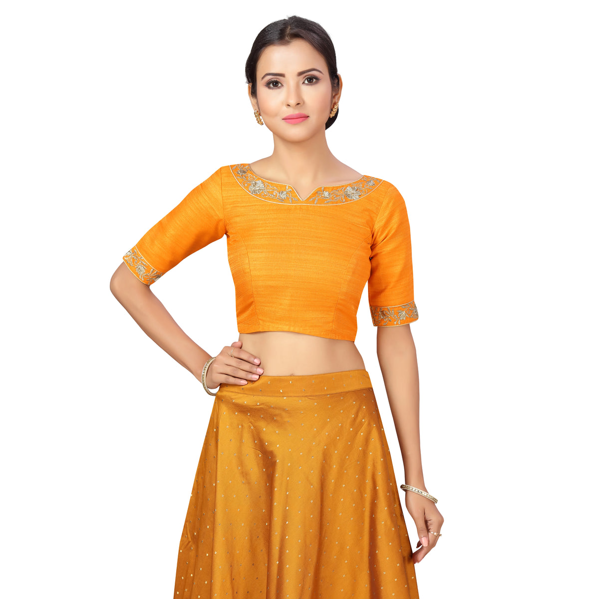 Women's Polyester Elbow Length Sleeves Wedding Saree Blouse with Golden Embroidery (2278 - Yellow)