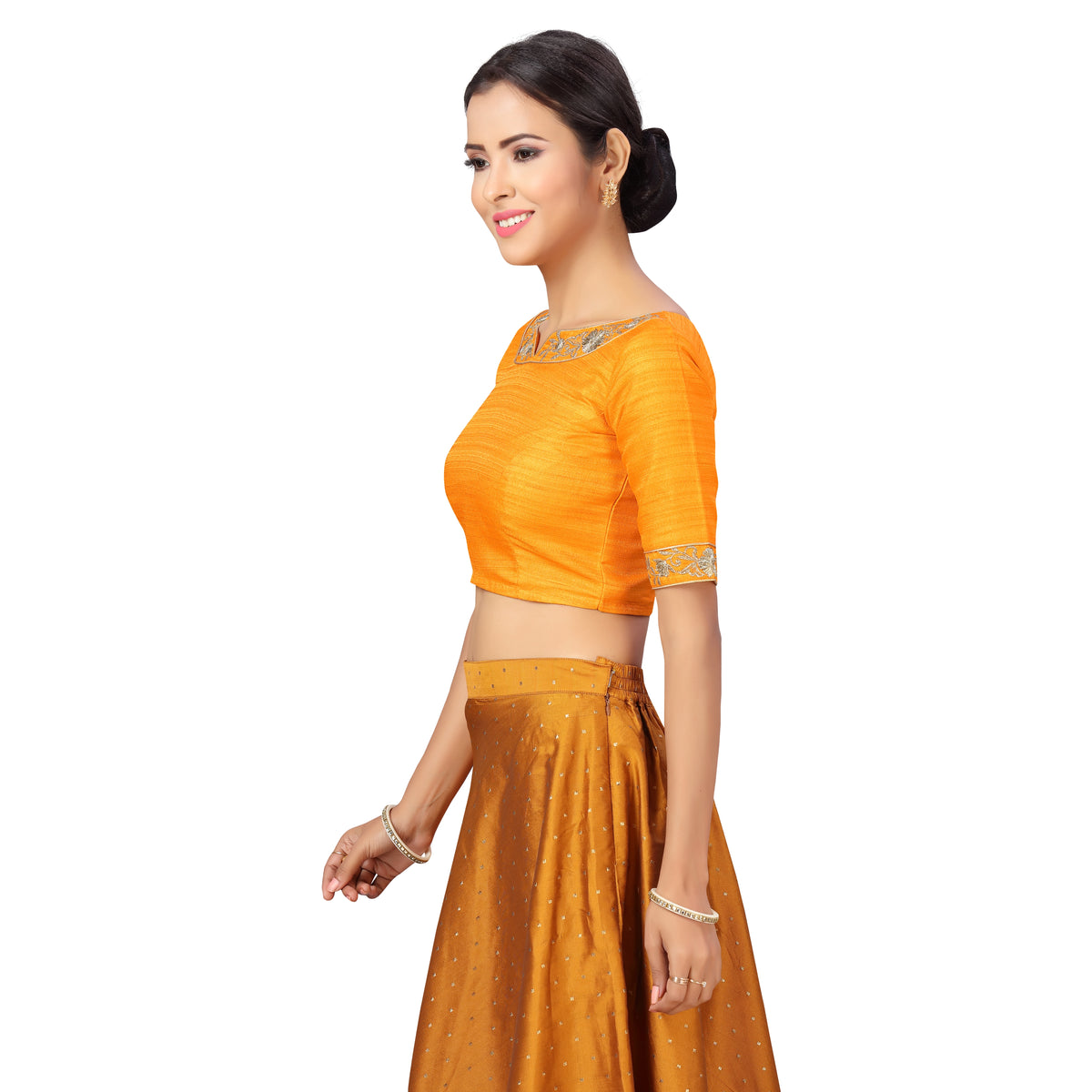 Women's Polyester Elbow Length Sleeves Wedding Saree Blouse with Golden Embroidery (2278 - Yellow)