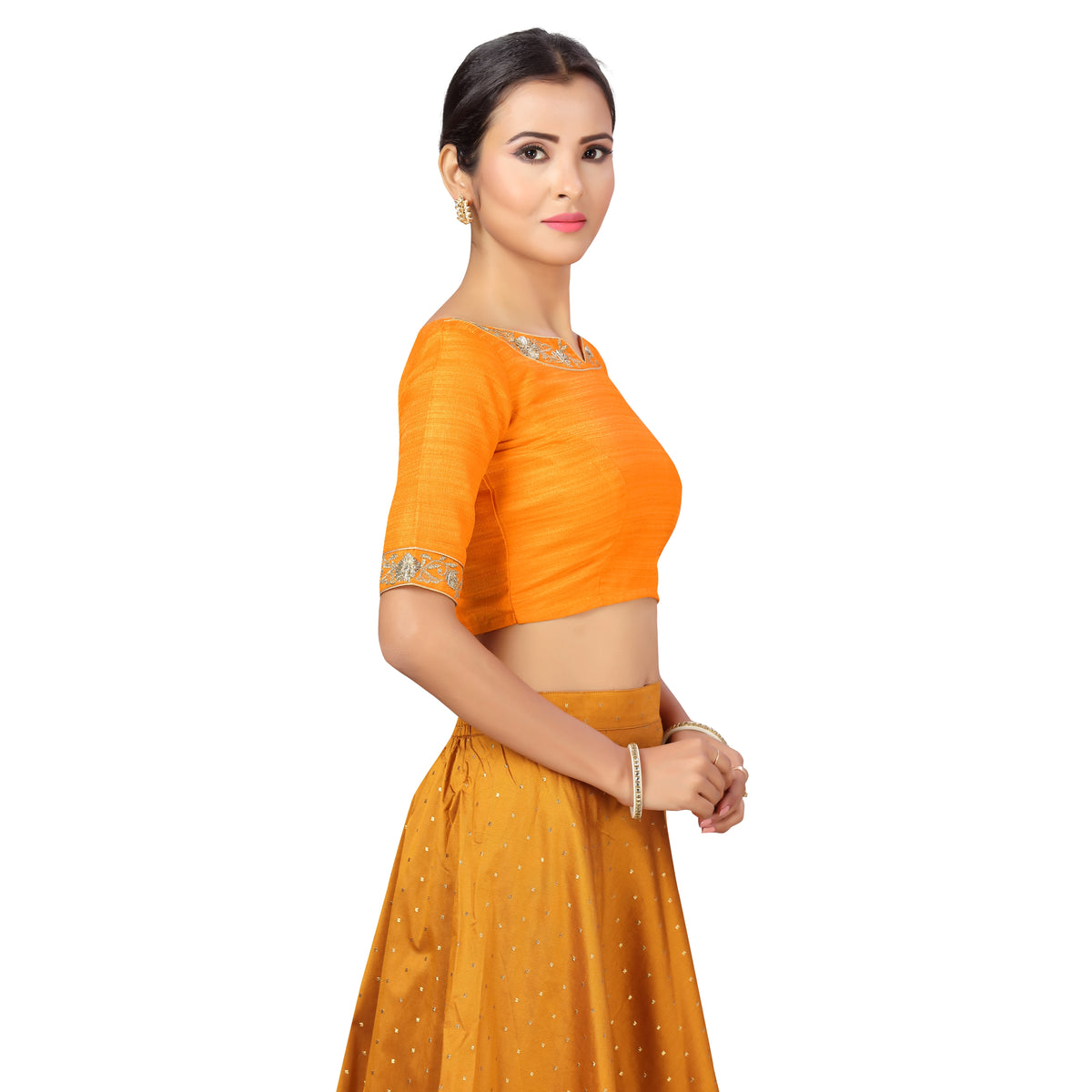 Women's Polyester Elbow Length Sleeves Wedding Saree Blouse with Golden Embroidery (2278 - Yellow)
