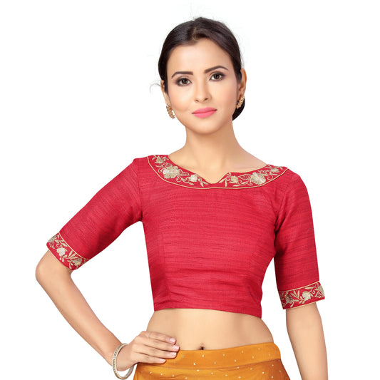 Women's Polyester Elbow Length Sleeves Wedding Saree Blouse with Golden Embroidery (2278 - Maroon)