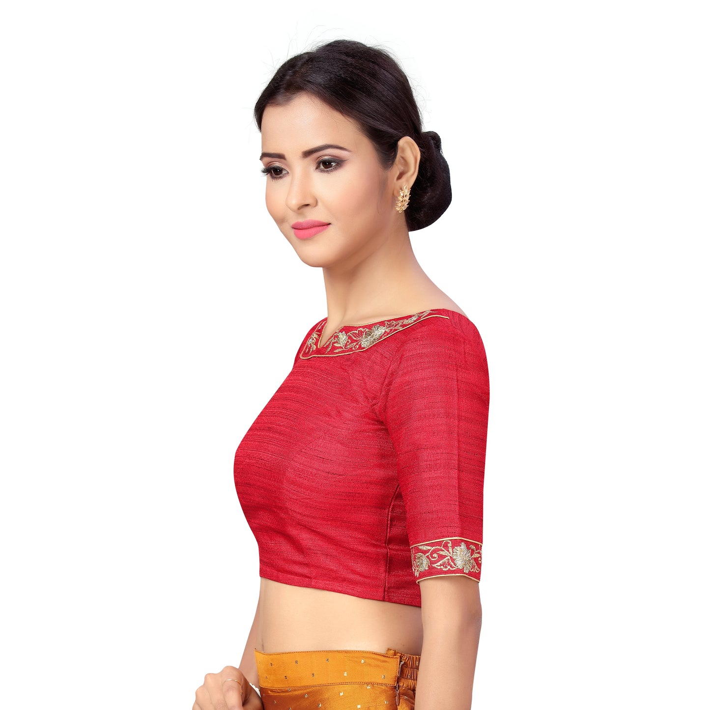 Women's Polyester Elbow Length Sleeves Wedding Saree Blouse with Golden Embroidery (2278 - Maroon)